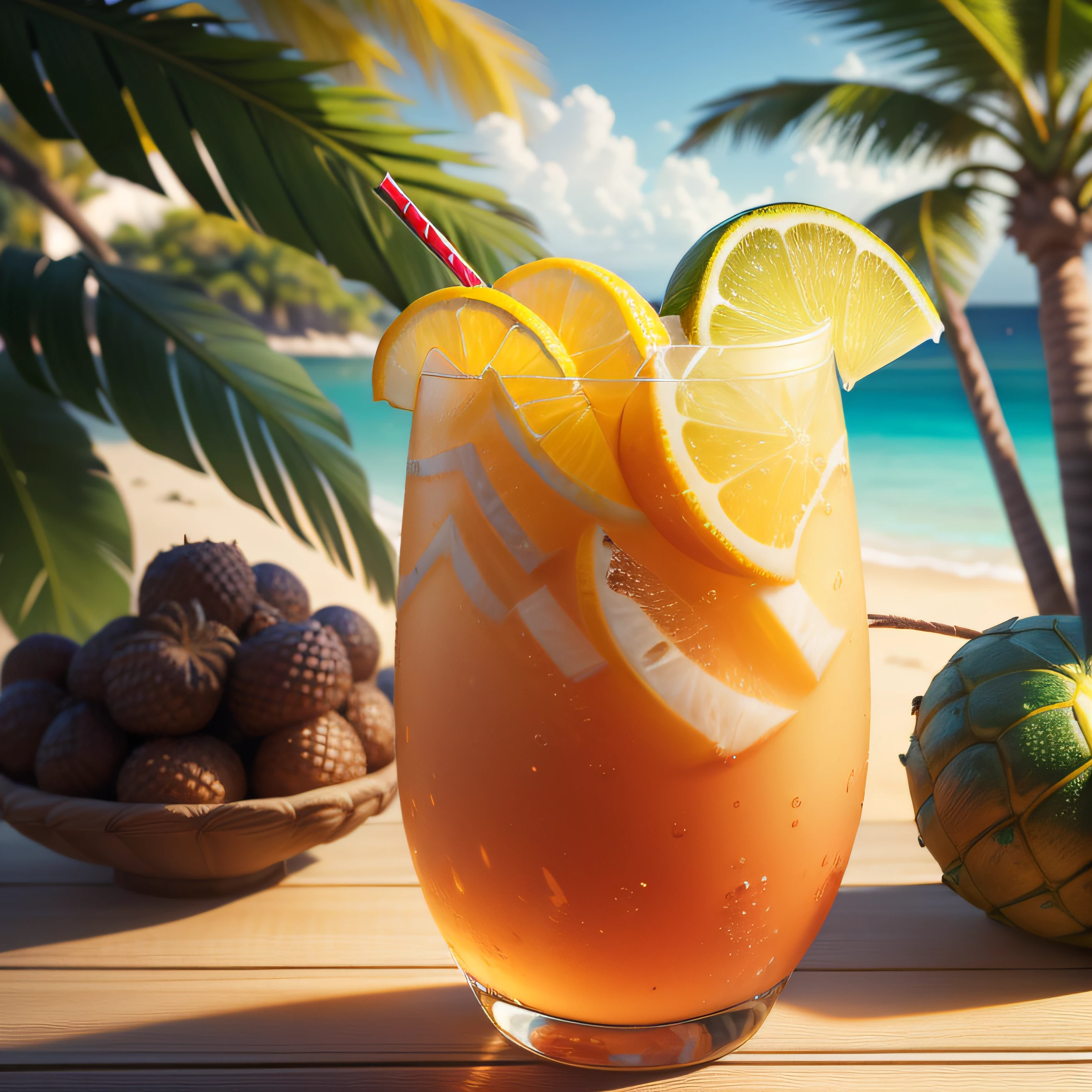 "(Highest picture quality), (Prioritizing the exceptional image quality and astonishing level of detail), generate an awe-inspiring (photorealistic:1.1) a scenery, tropical pineapple drink, rum, beach, palm trees, tiki, nautical, reiq, Sharp focus, render, octane, detail, award-winning photography, masterpiece, rim lighting."