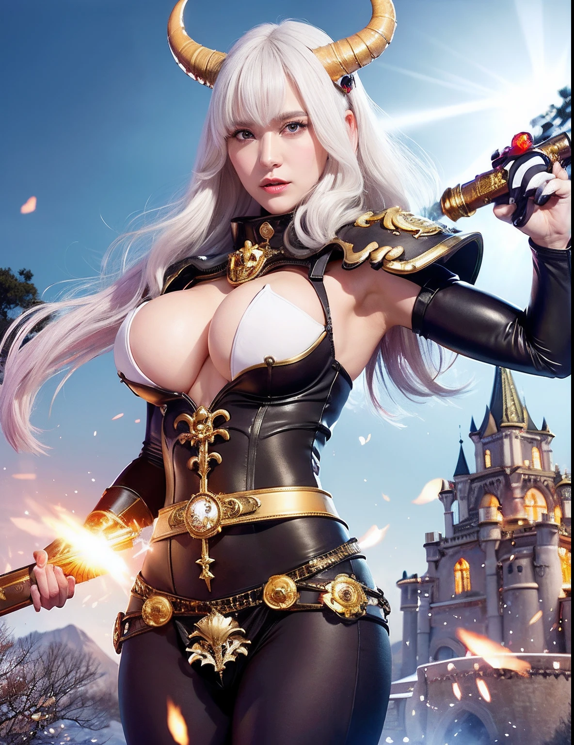 Professional , masterpiece、top-quality、photos realistic , depth of fields 、(White Gemstone Body:1.9),(Matte White、(cleavage of the breast)、Mystical expression、Jewel Gold Weapon、Particles of light、Gemstone Body White:1.4),Gorgeous gold weapons ,(( Dragon dense and gorgeous dragon sword)) , (demonic wings) ,warhammer 40k 、((White hair))、(Castle background)、(demonic wings)、((Gangle's forest background))、Beautiful Caucasian beauty、1a person、dynamic ungle,(((Two devil's horns on the head)))、Smaller head、Idle Smile、Thin and beautiful female hands、cleavage of the breast、Mystical expression、Light Effects、intense fighting、Wind-effect、magic circles、With the legendary magic wand、Dragon's tail、