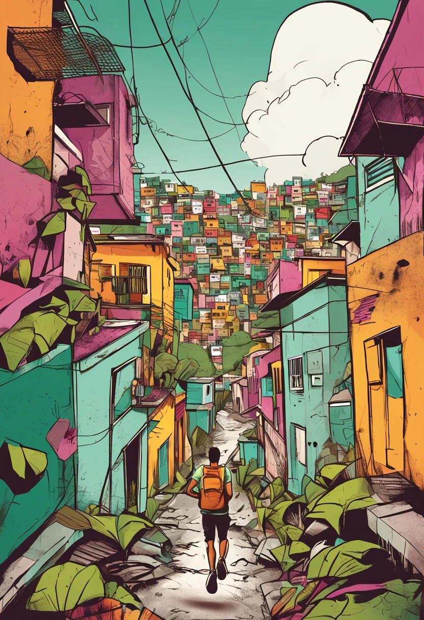 Desenvolver uma imagem com um individuo correndo em uma favela do Rio de Janeiro , com uma mochila verde nas costa, um fone de ouvido, bermuda e tenis. Desenvolver uma imagem,Integrate a visually striking obstacle that symbolizes the challenge to be overcome,Include elements that represent hope and perseverance, like a gentle sunrise beginning to illuminate the horizon.