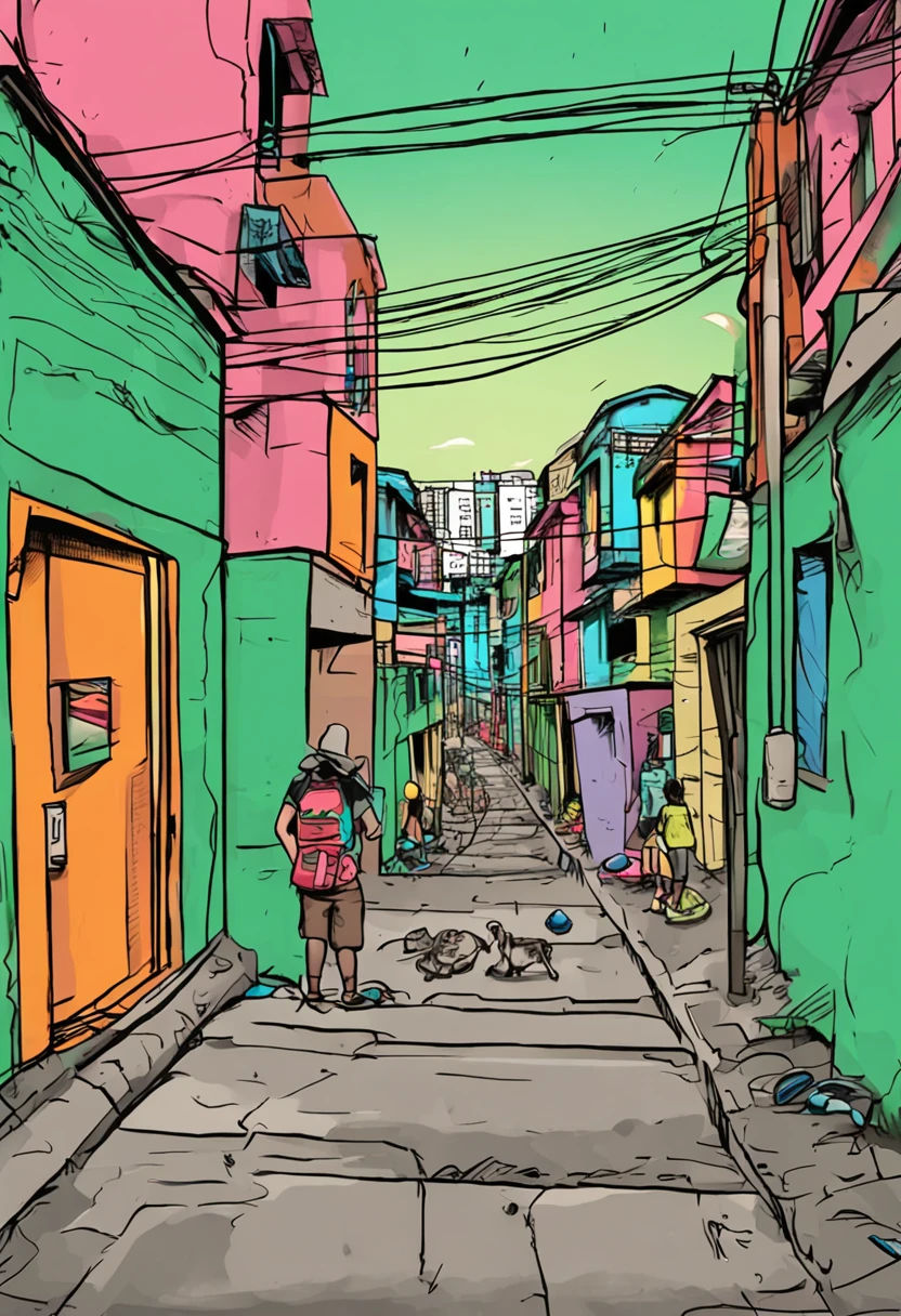 Desenvolver uma imagem com um individuo correndo em uma favela do Rio de Janeiro , com uma mochila verde nas costa, um fone de ouvido, bermuda e tenis. Desenvolver uma imagem,Integrate a visually striking obstacle that symbolizes the challenge to be overcome,Include elements that represent hope and perseverance, like a gentle sunrise beginning to illuminate the horizon.