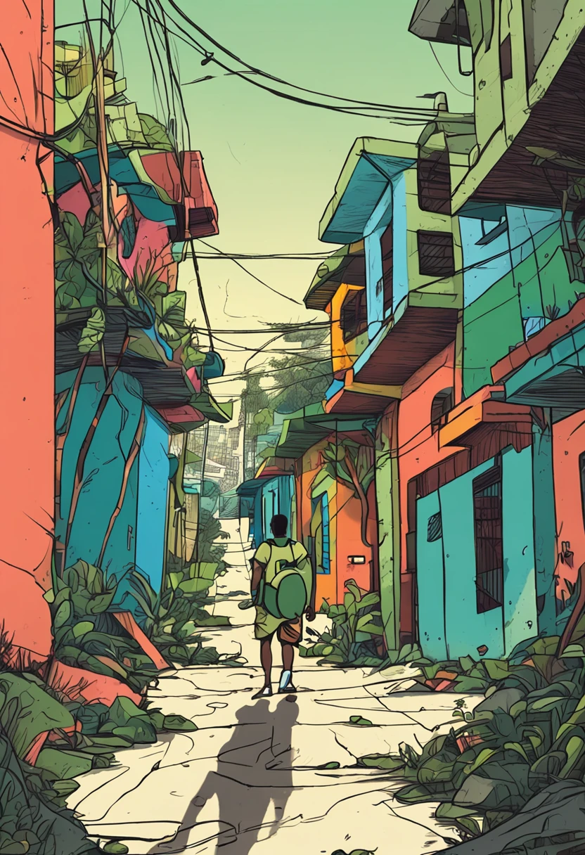Desenvolver uma imagem com um individuo correndo em uma favela do Rio de Janeiro , com uma mochila verde nas costa, um fone de ouvido, bermuda e tenis. Desenvolver uma imagem,Integrate a visually striking obstacle that symbolizes the challenge to be overcome,Include elements that represent hope and perseverance, like a gentle sunrise beginning to illuminate the horizon.