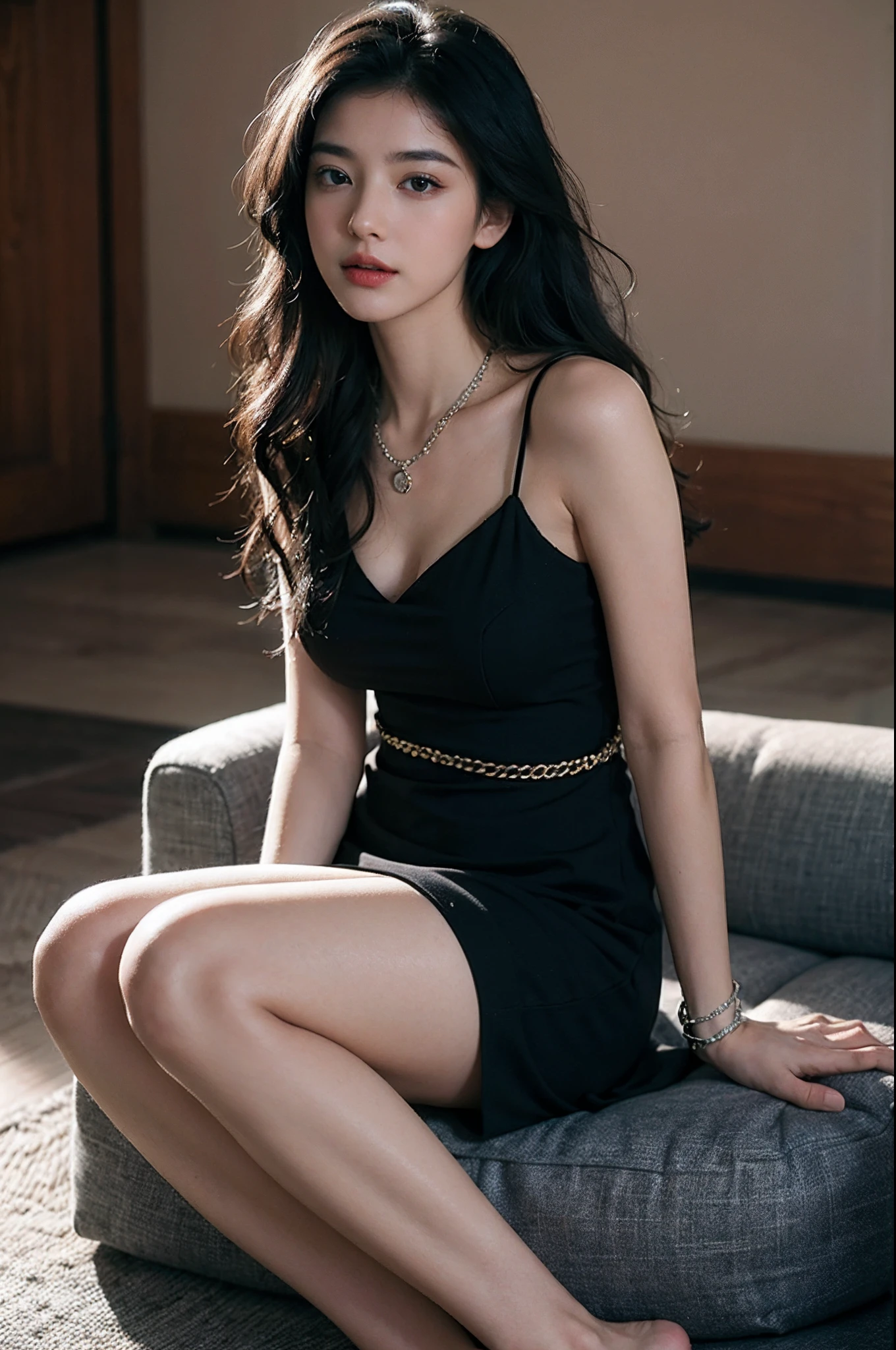 1girl, 175cm,soft body, full body ,black hair, wavy hair, hair reaches waist,white watch, black bracelet, black chain, tight wedding sundress,black colour , high lights, light effects, shining, realistic ,sitting at school field,drawing sketch,close-up, 8k, RAW photo, best quality, masterpiece,realistic, photo-realistic
