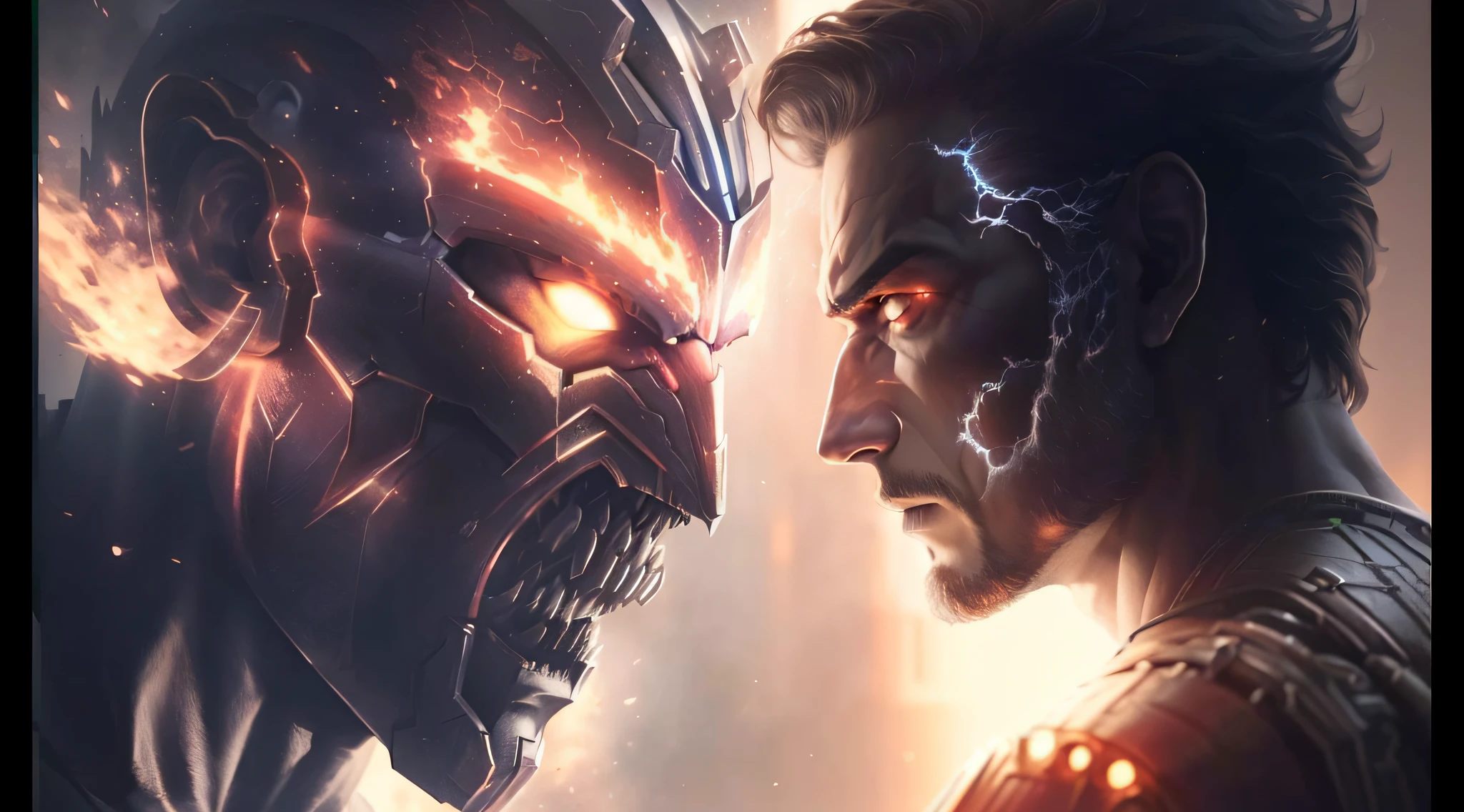 um close up de dois homens de frente um para o outro com um rosto brilhante, batalha entre o bem e o mal, imagem do avatar, Artgerm e Genzoman, o bem contra o mal, Rossdraw e Boris Vallejo, Darkseid, cinematic battle, batalha, A Quarta Corrida de StarCraft 2, Estilo de arte Doom Eternal, Batalha do Bem contra o Mal, Supergigante do Hades