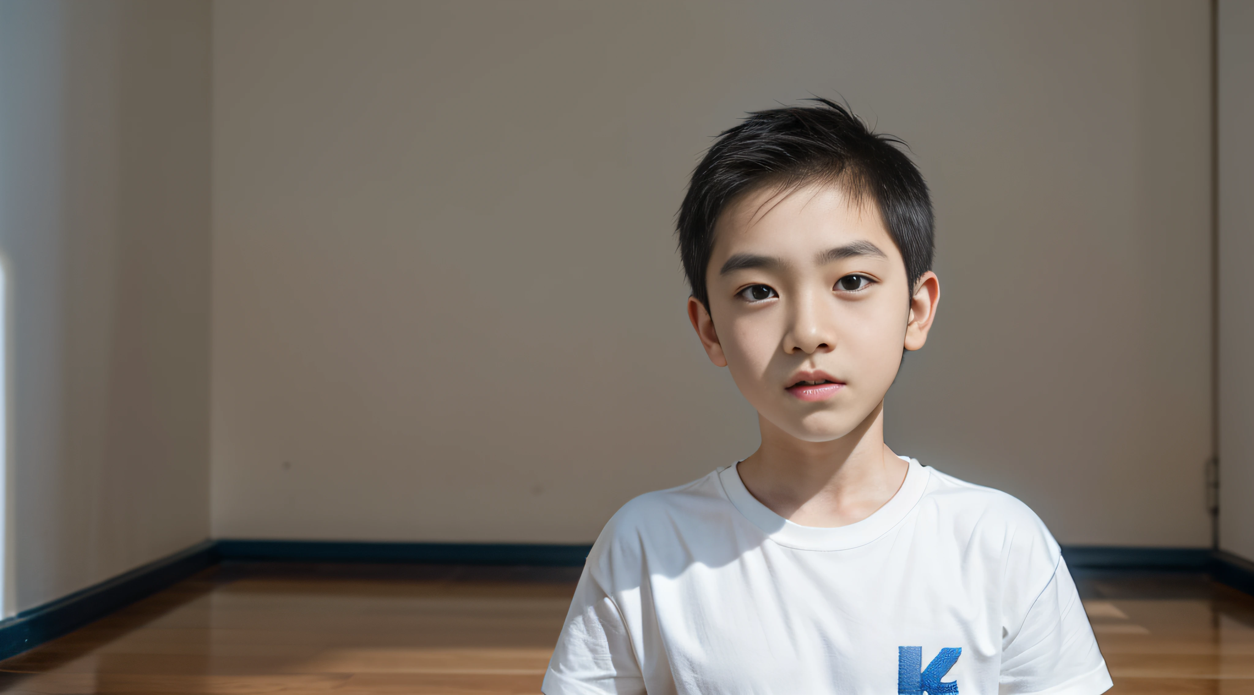 (k hd,4K)A boy with(12year old),photorealestic,white short sleeve,Asian face,Thin stature,inside a room,White wall on background,sportrait,face expressionless,shadowy,High hairline,Lie on your side on the floor,There is blue blood on the body