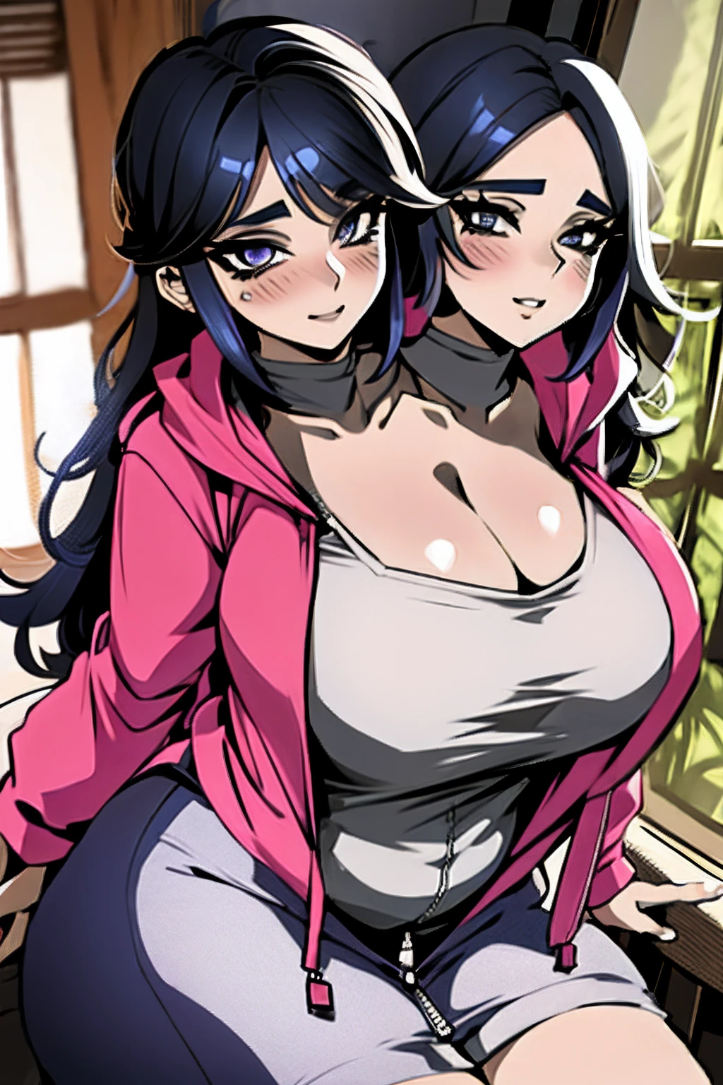 2heads, a short fat woman with 2 heads. She has enormous breasts. She looks aroused and seductive. She is wearing an unzipped colorful hoodie with nothing underneath. She is wearing leggings. She is extremely short and extremely fat. Her breasts are gigantic and fat. Her breasts protrude through her unzipped hoodie. Her hoodie is fully unzipped. Her giant breasts can be seen in her open hoodie. She is in a home office with a window. She is blushing. She has big fat massive breasts. She looks very short and mature. She has very big and full lips. She has giant fat boobs. She is seducing. She is smiling. She looks mature. She is wearing lipstick. She has long hair. She is wearing eyeliner. Deep cleavage.