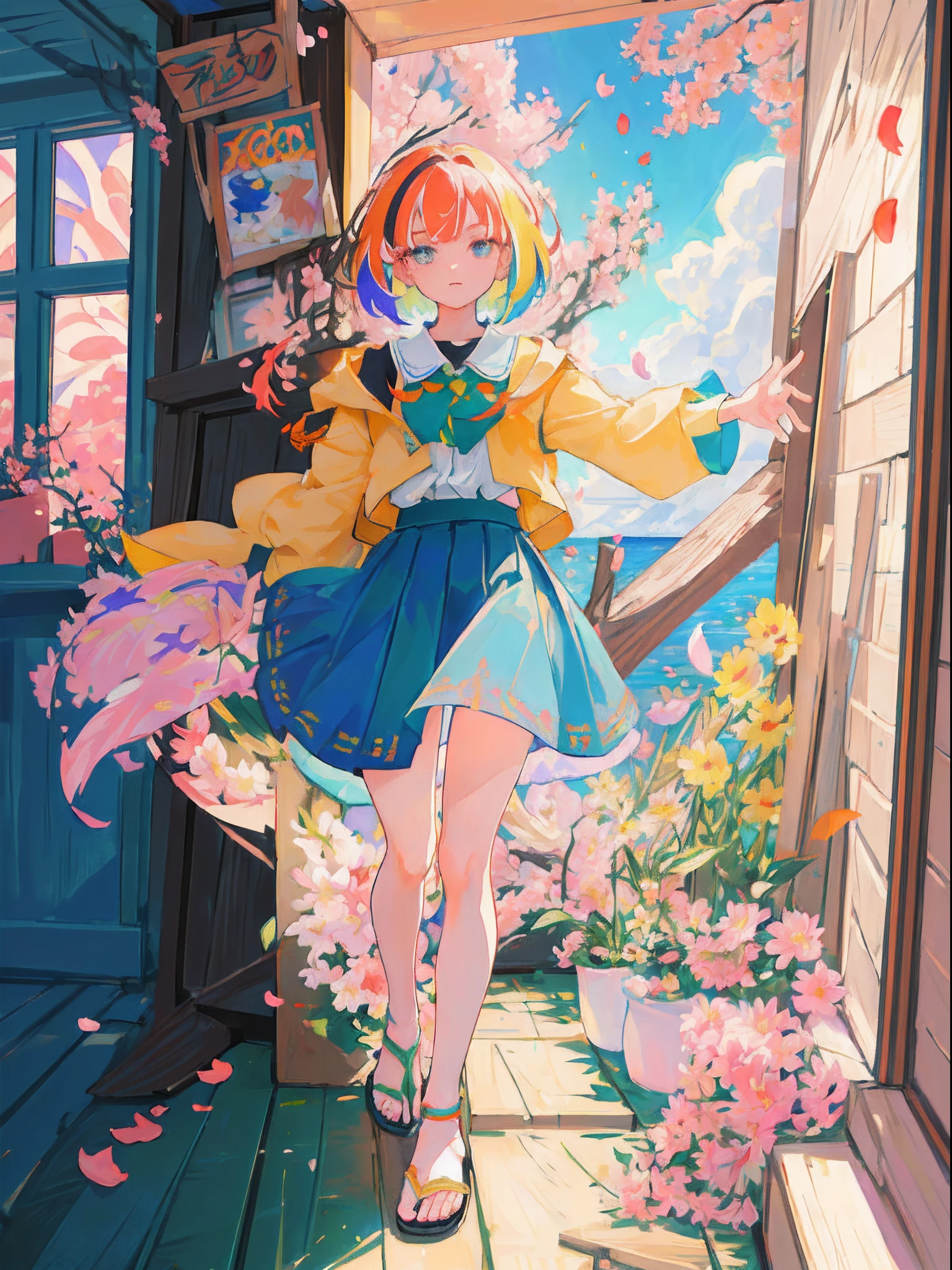 (best quality),(masterpiece:1.2), (highres), (extremely detailed), (highly detailed face), (highly detailed eyes), whole body, 1girl, (solo) , radiance, small breasts, (colorful hair:1.2) ,(colorful eyes), double tail, (falling petals:1.2), short hair, shirt, skirt, leg, foot, sky, wood, pot green plants, sandal, window frame