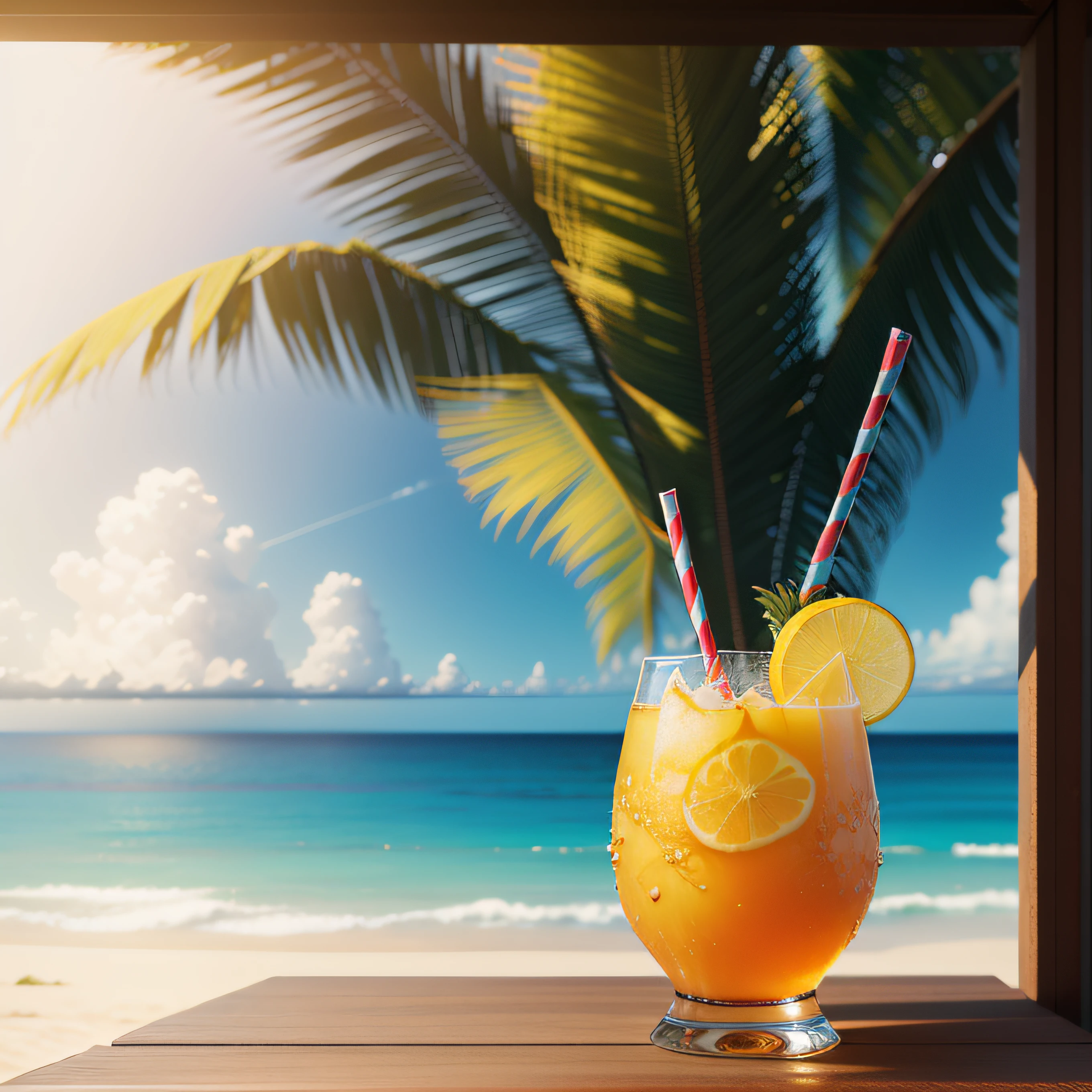 "(Highest picture quality), (Prioritizing the exceptional image quality and astonishing level of detail), generate an awe-inspiring (photorealistic:1.1) a scenery, tropical pineapple drink, rum, beach, palm trees, tiki, nautical, reiq, Sharp focus, render, octane, detail, award-winning photography, masterpiece, rim lighting."