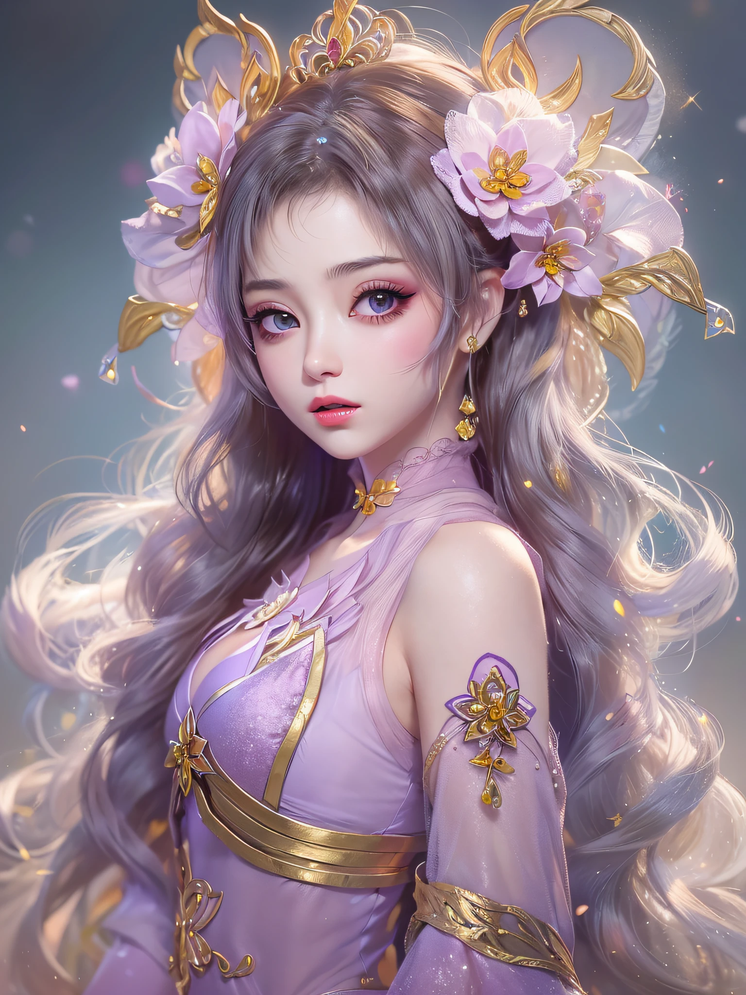 1 20 year old girl, 1 Goddess Athena, Pink purple silk dress, The beautiful goddess Athena has no blemishes on her face, Delicate yellow dressing gown, Fine sequin long nightdress，Paired with lots of sexy black lace details, Legend of the female saint, Female saint idol, Beautiful goddess style glitter, Dark and mysterious version, Zhu lips, Plump red lips, Without smiling, Mouth closed, The detailed and delicate images are beautiful, Delicate and beautiful lip details, (Pure and flawless face: 1.9), Female saint body, Moderate breasts, ((Super breast lift:1.4)), The breasts are round and regular,Ultra-tight breasts, Phoenix brooch, Changping bangs, (((Double ponytail: 1.8))), Tattoo of a flower patch on the forehead, Beautiful clear face and well-proportioned eyes, (Light purple eyes: 1.8), (Big round eyes and makeup, Sexy wet eye makeup, Very beautiful and delicate hair makeup, Delicate long blonde hair, Delicate, Body image: 1.8), figure: vivid vibrant, (The stars that make up the sky: 1.7), (The sky of heaven and the imaginary gate of time and space: 1.8), Fictional art, RAW photos, hanfu photos, best photos, high resolution, Best quality, best photos, Best goddess quality, 8K women, Super 8 Single Saint Portrait, truest color scheme, Masterpieces, Best Beauty Brand, The best hair accessory, Live-action photos of the brand, Dark Studio, Border light, Two-tone lighting, (Rose white skin: 1.4), (High skin detail: 1.1), 8K  UHD, Soft light, 8K, High quality, candid, The volume is smooth and sharp, 10x pixel increase, Sexy goddess, (background space: 1.8), (The most beautiful aurora eyes: 1.7), Beautiful eyes, The aurora is beautiful and blooming, (Beautiful single girl: 1.8), (More details:0.8),