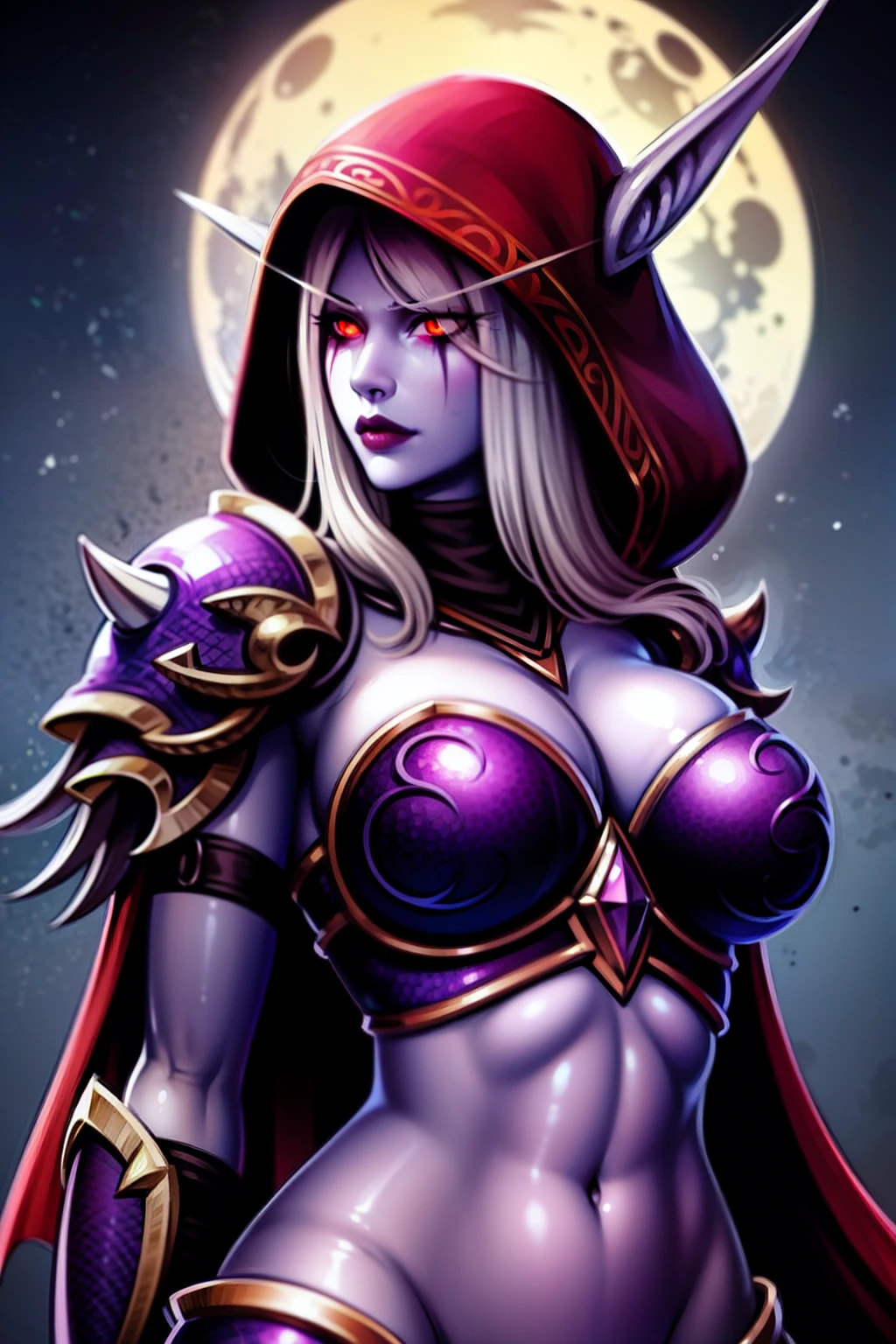 masterpiece, best quality, 1girl, mature female, large breasts, armor, breastplate, leggings armor, hood, black ripped cloak, silver hair, Glowing eyes, slva_wndrnner, close up, potrait photo, half body photoshot, holding arrow, dark sky background, detailed background, moon, dynamic angle,