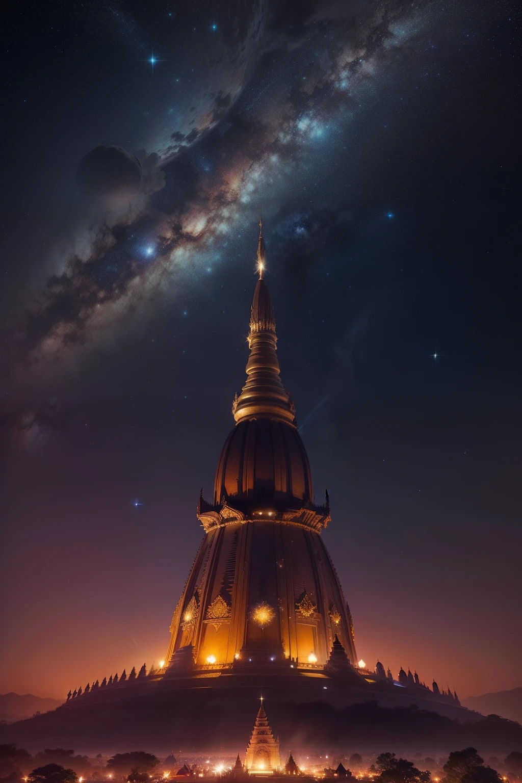 starry sky with a large tower and a planet in the background, temple background, myanmar, glowing temple in the distance, space in background, ethereal starlit city at sunset, galactic temple, night time scene, night time with starry sky, samsara, full - view, night scene, enchanting and otherworldly, nighttime, magical and mystical, starry, sparkle