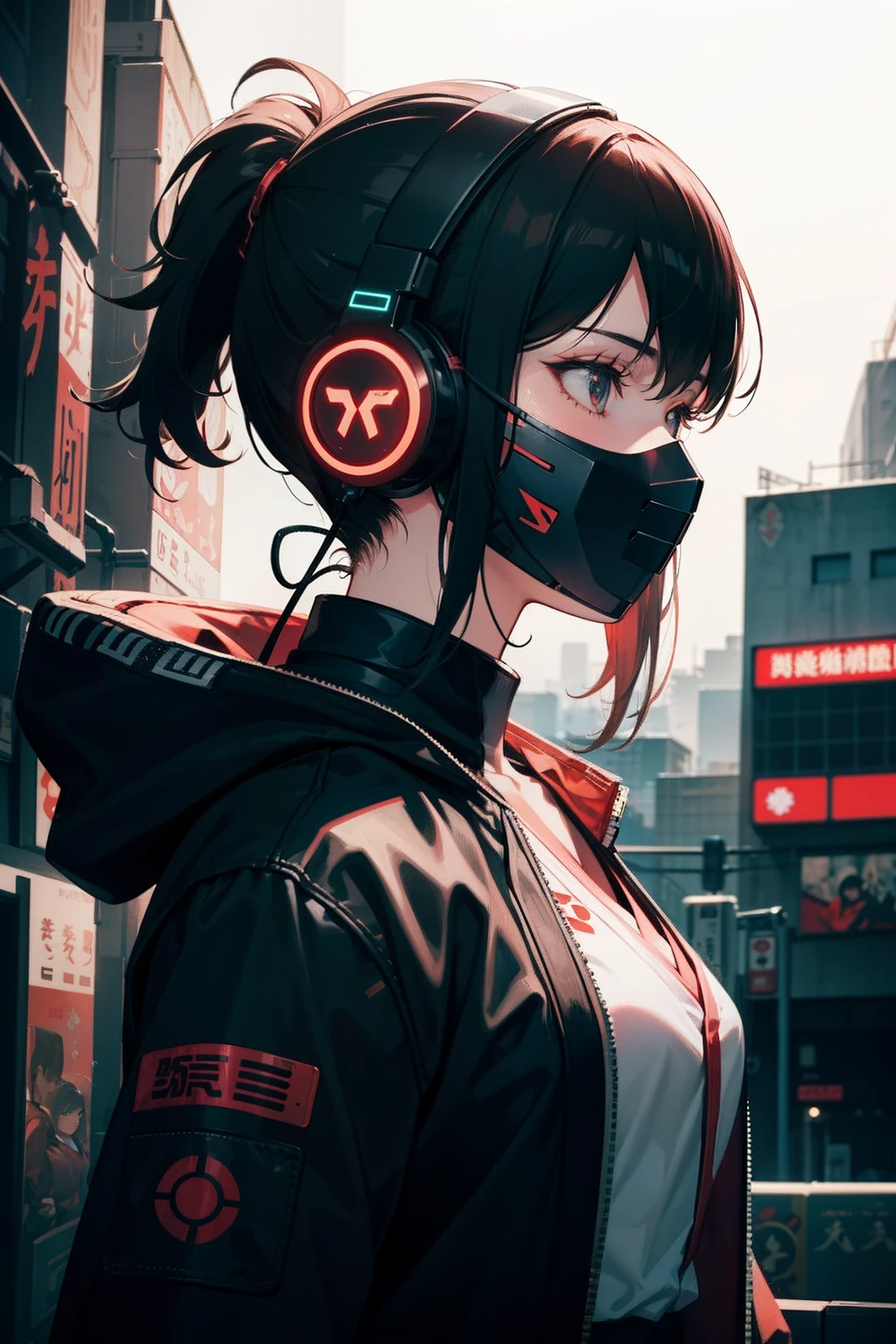 cyberpunk, illustration profile of red led female samurai in a mask, wearing over head headphones staring down, side view looking to the right, tokyo Japanese background, pro vector, high detail, vibrant, Japanese hologram symbols, barcode design, 4k, uhd, masterpiece