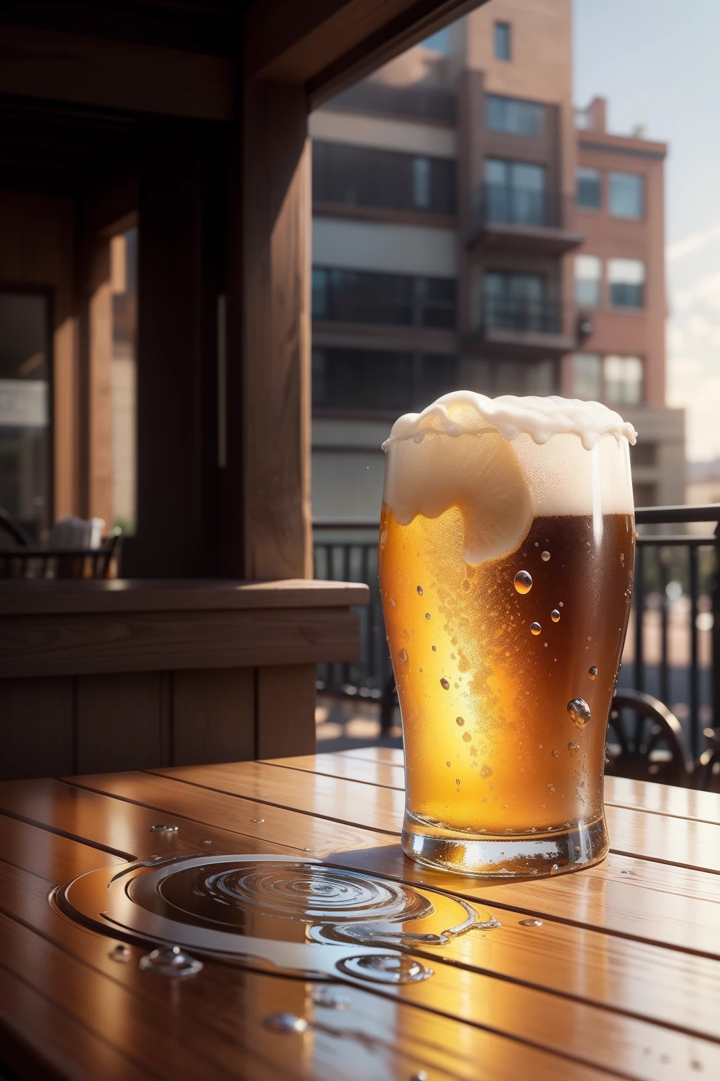 Envision a beer product range,Maximalism,On the balcony table at noon,There were a few bottles of beer drinks,Bottle combinations of various shapes,Natural light filters, casting a warm, A welcome glow for various items. The product design is simple,Made of transparent material,to demonstrate its purity. hyper HD, Every aspect from light reflection to cleaning, The gentle ripples from the glass surface to the liquid inside are precisely captured