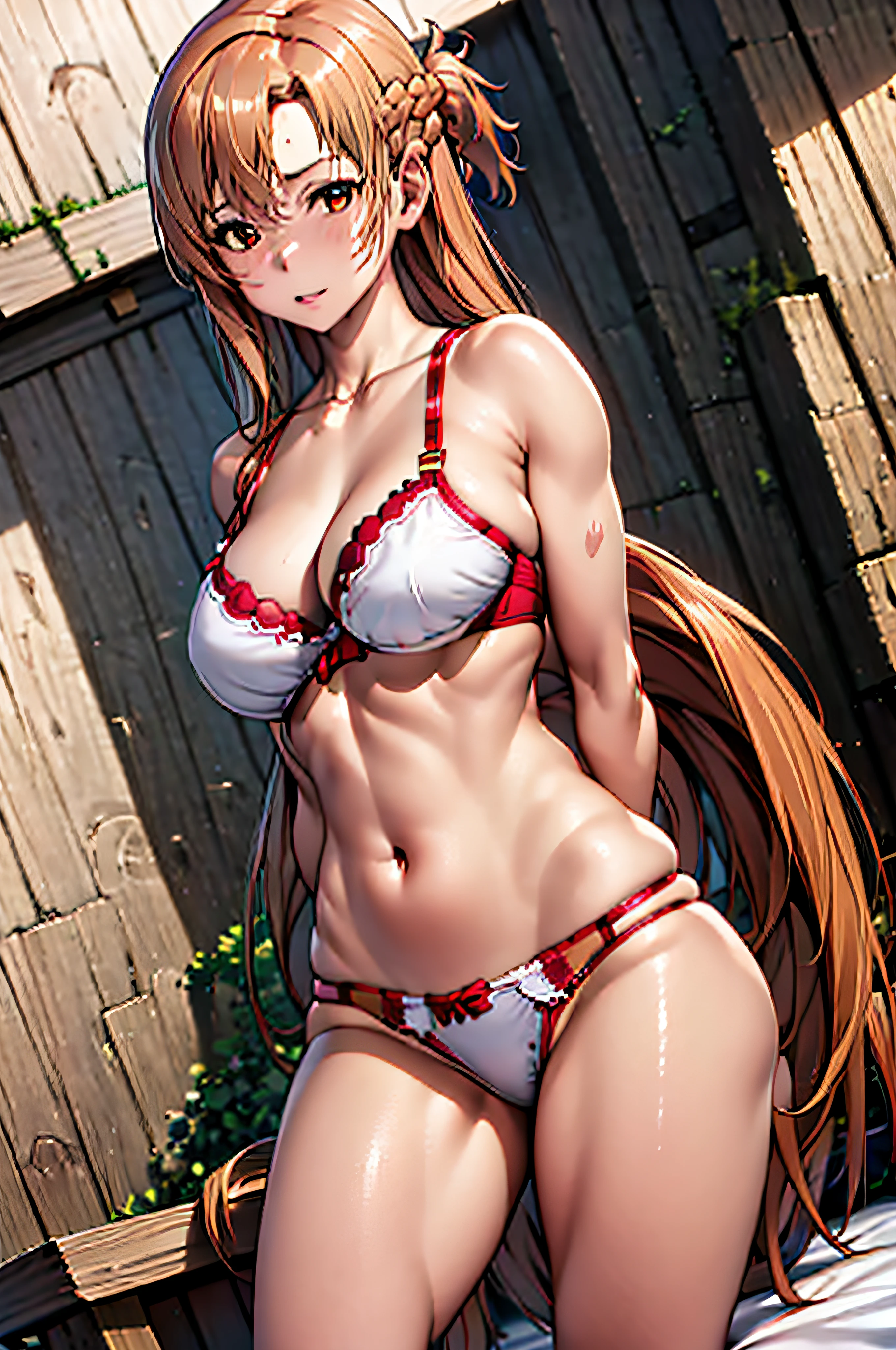 best quality, master part, retrato, 1girl, Yuuki Asuna, brown hair, lingerie, de costas, maos na bunda, sexy position, olhos castanhos, medium breasts, Cabelos Longos, pigtail, Kotbo, luvas brancas, uniforme branco, Botas Brancas, saia vermelha, Pulseiras vermelhas, Olhando para o Viewer, dentro, sorrir,