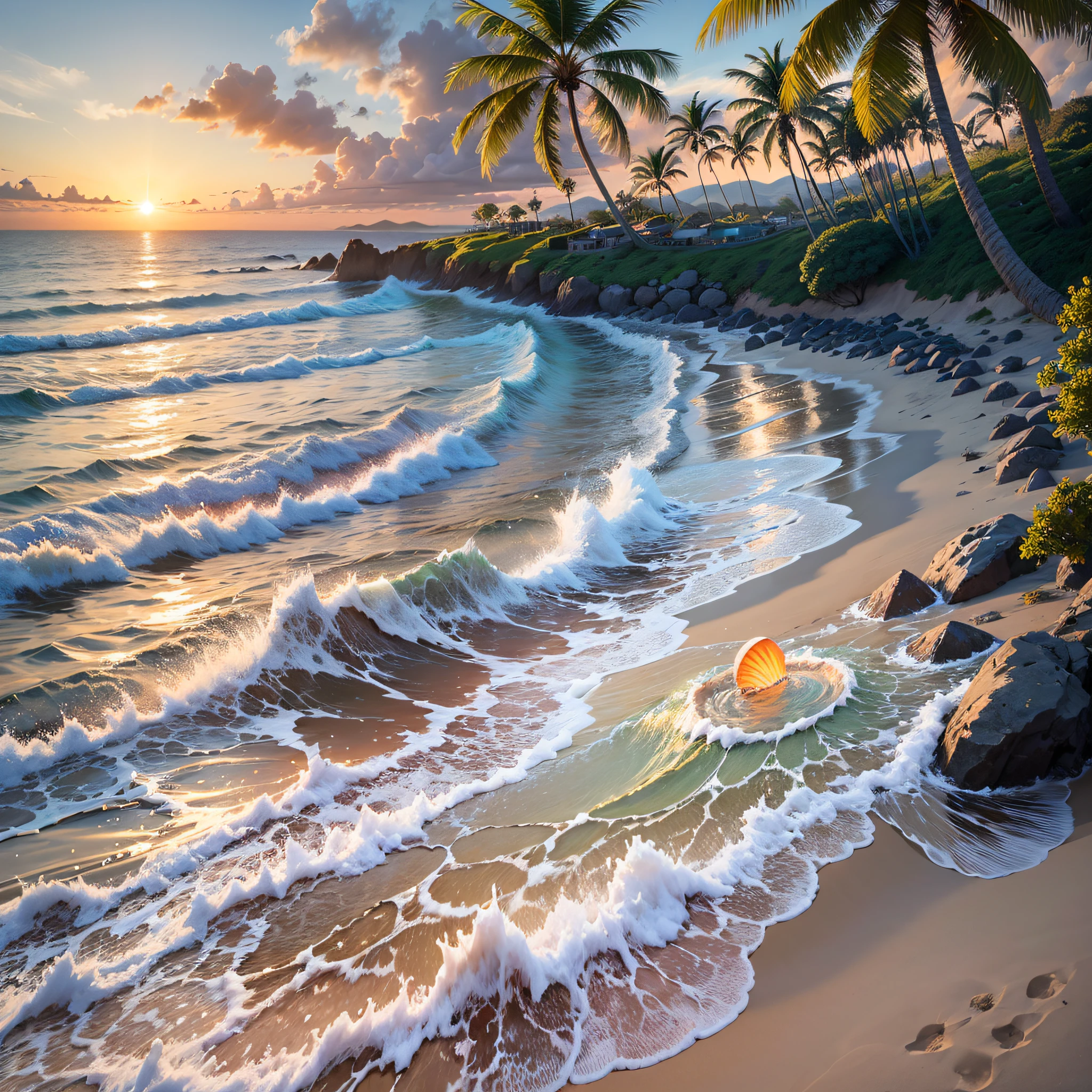 You are challenged to create a realistic image of a shell on the edge of the sea, on a beautiful beach with a lush landscape. The shell is white in color with a soft sheen and contains a delicate pearl inside. The crystal clear sea water is gently touching the shell, enveloping it with white foams and small drops of water. The sun is setting on the horizon, painting the sky with orange and gold hues, while its reflections shine on the surface of the sea. The beach is composed of fine, clear sand, decorated with shells and small waves crumbling into the sand. The surrounding landscape is lush, with coconut trees, tropical plants and distant mountains. Create an image that captures the serenity, natural beauty and harmony between the shell, the pearl, the sea and the beach, in a magical scene in the late afternoon."