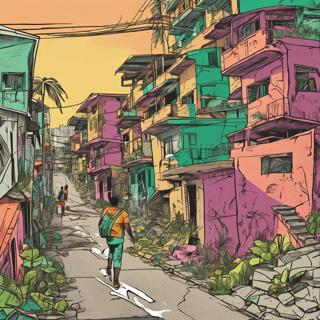Desenvolver uma imagem com um individuo correndo em uma favela do Rio de Janeiro , com uma mochila verde nas costa, um fone de ouvido, bermuda e tenis. Desenvolver uma imagem,Integrate a visually striking obstacle that symbolizes the challenge to be overcome,Include elements that represent hope and perseverance, like a gentle sunrise beginning to illuminate the horizon.