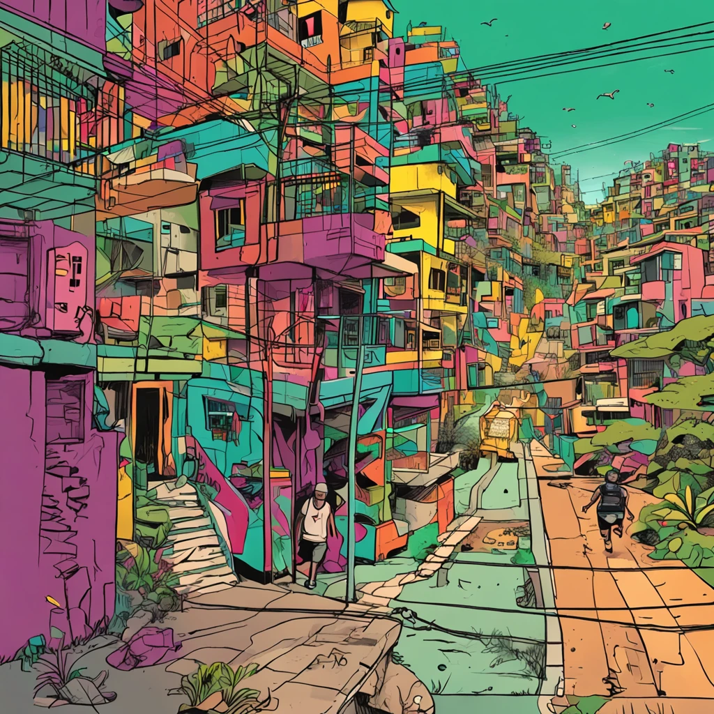 Desenvolver uma imagem com um individuo correndo em uma favela do Rio de Janeiro , com uma mochila verde nas costa, um fone de ouvido, bermuda e tenis. Desenvolver uma imagem,Integrate a visually striking obstacle that symbolizes the challenge to be overcome,Include elements that represent hope and perseverance, like a gentle sunrise beginning to illuminate the horizon.