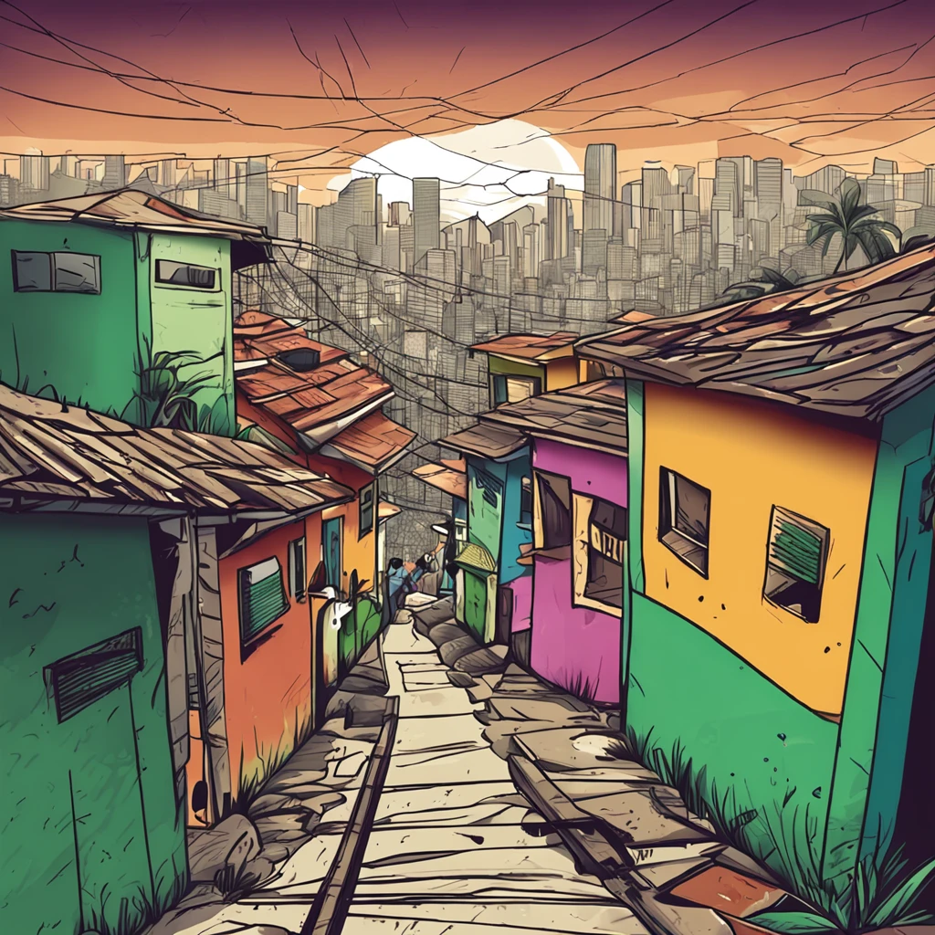Desenvolver uma imagem com um individuo correndo em uma favela do Rio de Janeiro , com uma mochila verde nas costa, um fone de ouvido, bermuda e tenis. Desenvolver uma imagem,Integrate a visually striking obstacle that symbolizes the challenge to be overcome,Include elements that represent hope and perseverance, like a gentle sunrise beginning to illuminate the horizon.
