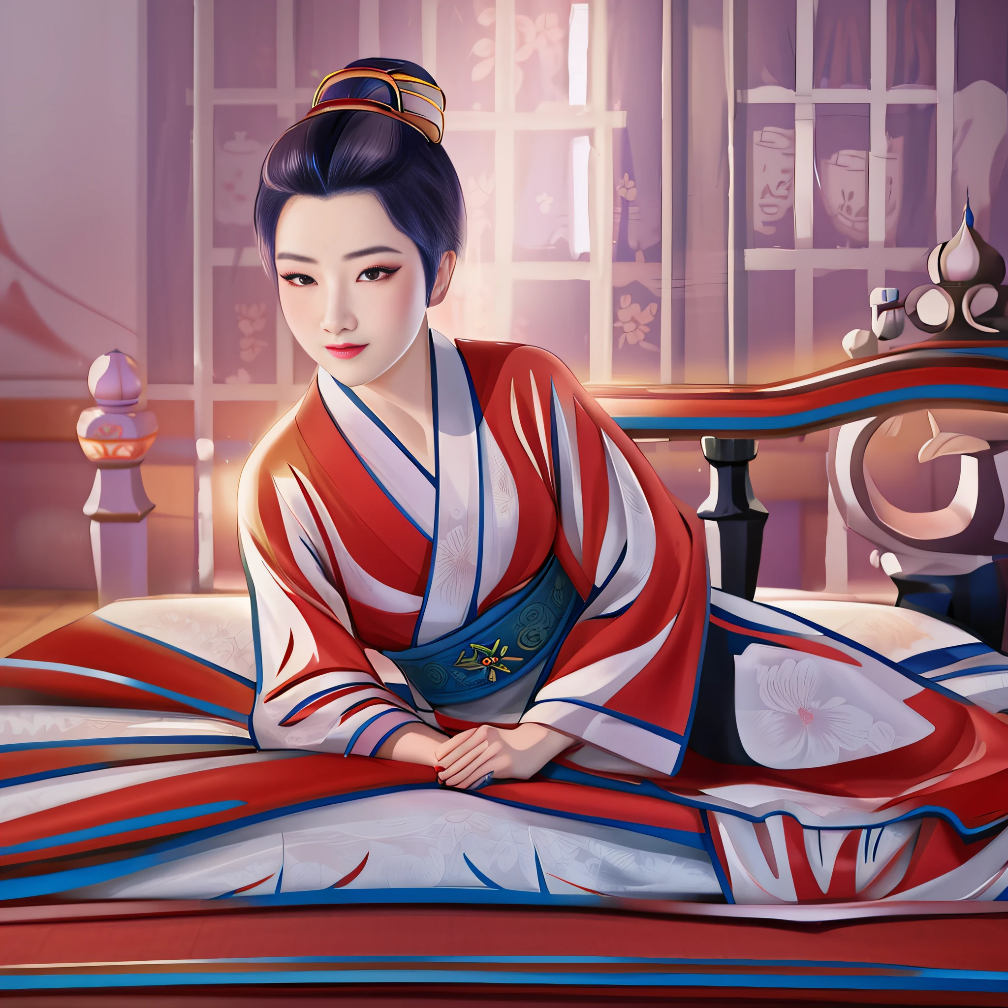There is a woman in a blue kimono lying on a bed, palace, Uma menina em Hanfu, Princesa chinesa antiga, inspirado em Yun Du-seo, Princess of the Ancient Asian Dynasty, a beautiful artwork illustration, Princesa chinesa, Belezas chinesas antigas, pintura de personagem bonita, Imperatriz chinesa, Estilo na pintura digital, Retrato de Mulan, in illustration style digital.