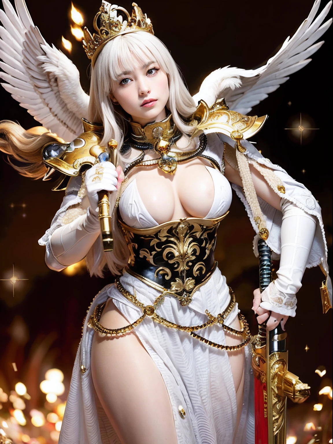 Professional , masterpiece、top-quality、photos realistic , depth of fields (Gemstone White Metal Body:1.9),(Matte White、Jewel Gold Weapon(Jewel Metal Body:1.4),Gorgeous metal weapons ,(( Detailed and gorgeous sword of the brave)) , Beautiful knife ,warhammer 40k ,Detail and ornate jewel crown、((Micro Bikini Armor))、((Gangle's forest background))、Beautiful Caucasian beauty、1a person、dynamic ungle,(((Detailed and ornate diamond crown)))、Smaller head、A smile、Background inside the castle、Thin and beautiful female hands、cleavage of the breast、Soldier in iron armor on background、Mystical expression、Light Effects、intense fighting、Wind-effect、magic circles、With the legendary magic wand、(wings of light)、Toostock、Anatomically correct body、