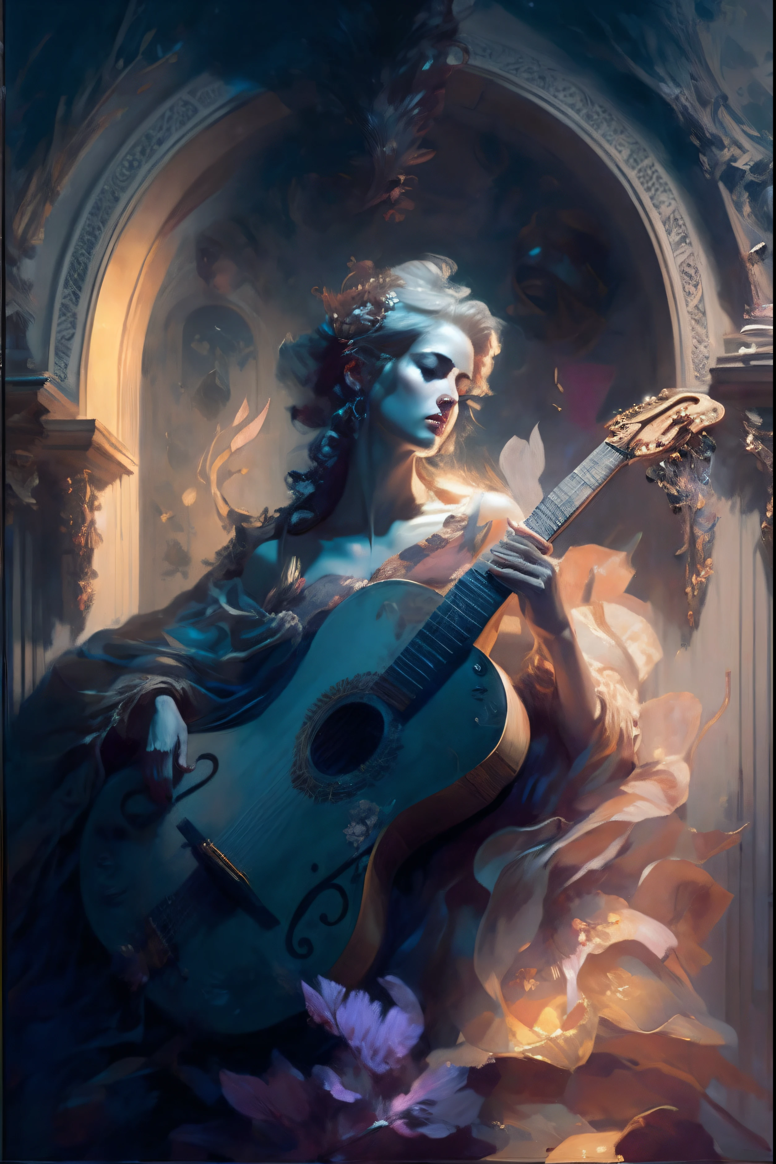 painting of a woman with a guitar in a room, guillem h. pongiluppi, baroque digital painting, art of wlop and greg rutkowski, karol bak and peter mohrbacher, style of peter mohrbacher, by Anton Fadeev, peter mohrbacher style, tomasz alen kopera and cgsociety