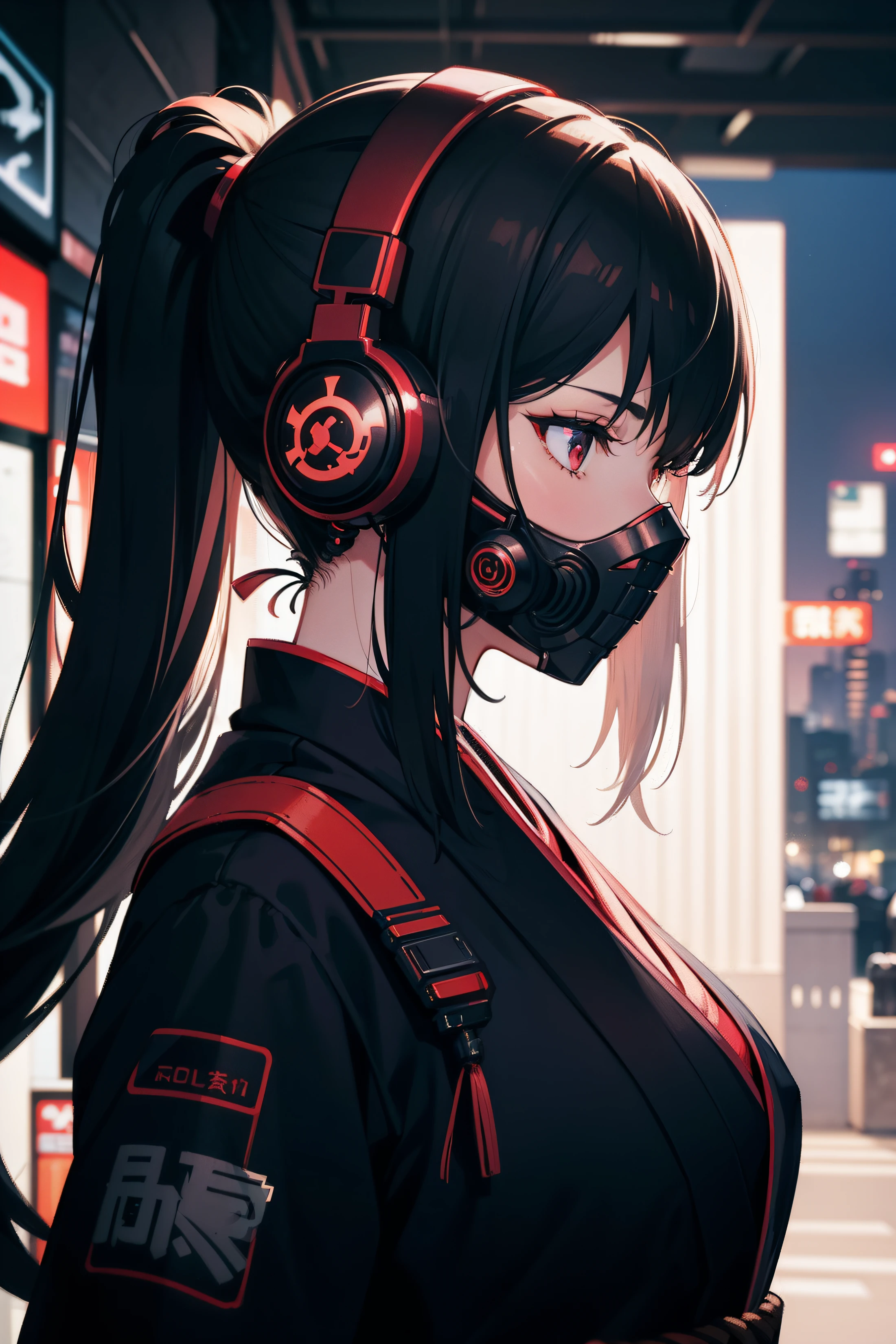 cyberpunk, illustration profile of red led female samurai in a mask, wearing over head headphones staring down, side view looking to the right, tokyo Japanese background, pro vector, high detail, vibrant, Japanese hologram symbols, barcode design, 4k, uhd, masterpiece