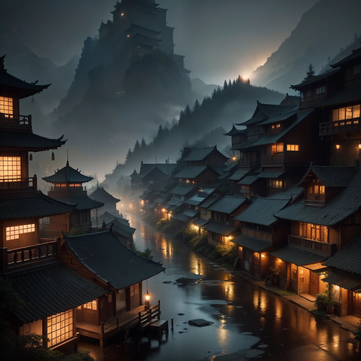 arafed view of a village with a lot of lights on the buildings, dreamy Indian town, chinese village, amazing wallpaper, indian town, Indian village, hyper realistic photo of a town, old indian village, city, rainy evening, cyberpunk chinese ancient castle, beautifully lit buildings, at evening during rain, beautiful and aesthetic, photography, cinematic, 8k, high detailed ((Heavy rain)))