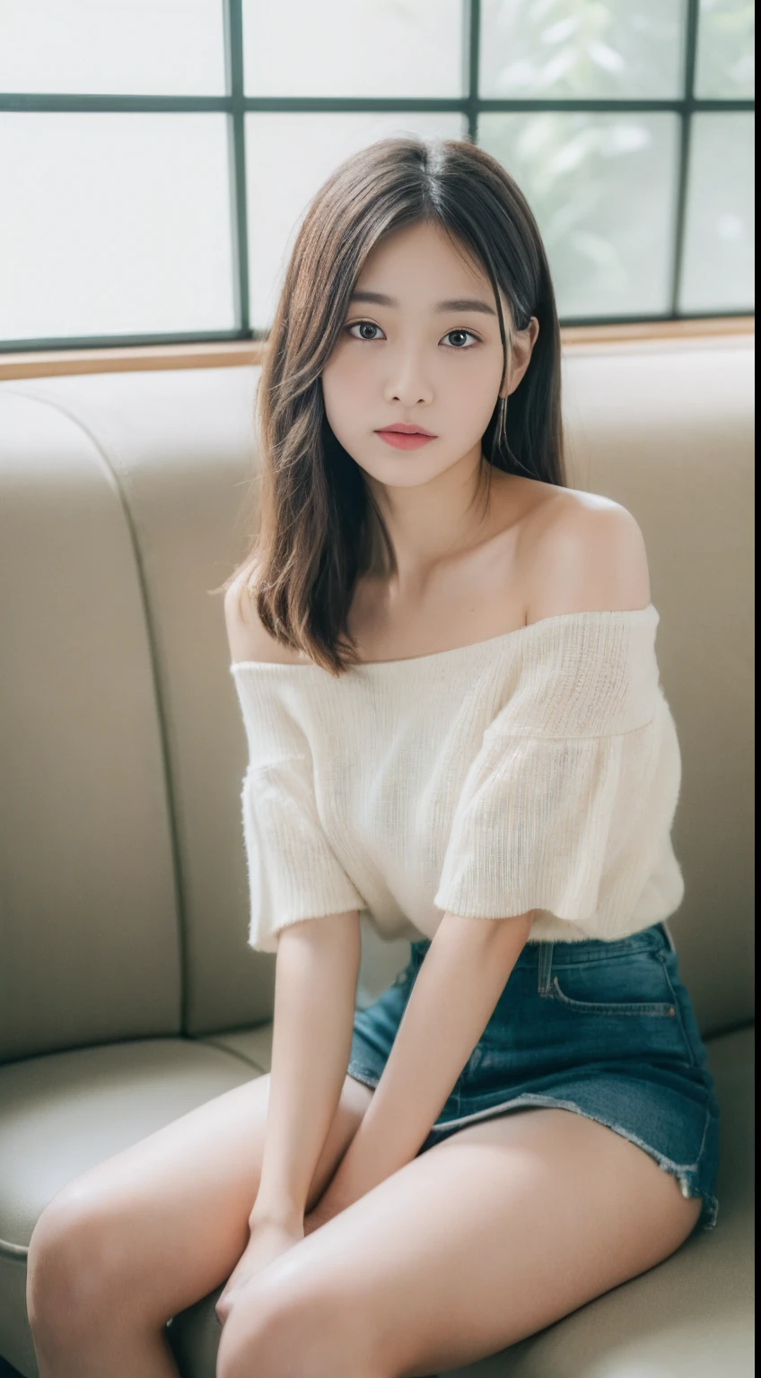 ((Best picture quality, 8K, tmasterpiece:1.3)), 1girll, Casual hairstyle, (off-shoulder blouse,Short pleated skirt:1.3),(wet see through clothes:1.4),Ultra-fine face, A detailed eye, 二重まぶた,(long leges:1.4),(athletic sneakers:1.3)Erlang legs,Sit sideways on the sofa