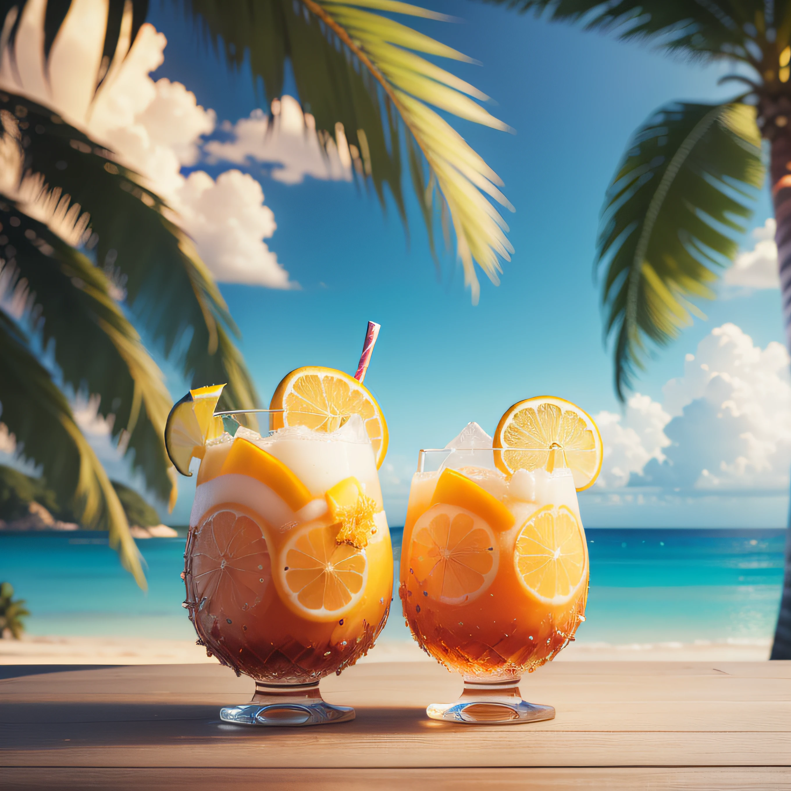 "(Highest picture quality), (Prioritizing the exceptional image quality and astonishing level of detail), generate an awe-inspiring (photorealistic:1.1) a scenery, tropical pineapple drink, rum, beach, palm trees, tiki, nautical, reiq, Sharp focus, render, octane, detail, award-winning photography, masterpiece, rim lighting."