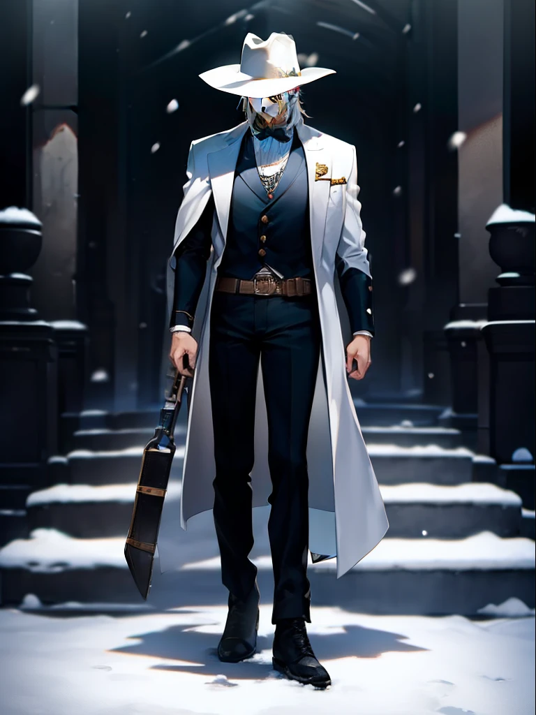 1boy, whaite hair, White suit, Snow Steps: 15, Sampler: DPM++ SDE Karras, CFG scale: 7, Seed: 52, Size: 512x512, Model hash: 1168485b2d, Model: Checkpoints_AnythingDarkNeg100, aesthetic_score: 6.8 Western cowboy's hat，boots，Equipment for full body bounty hunters