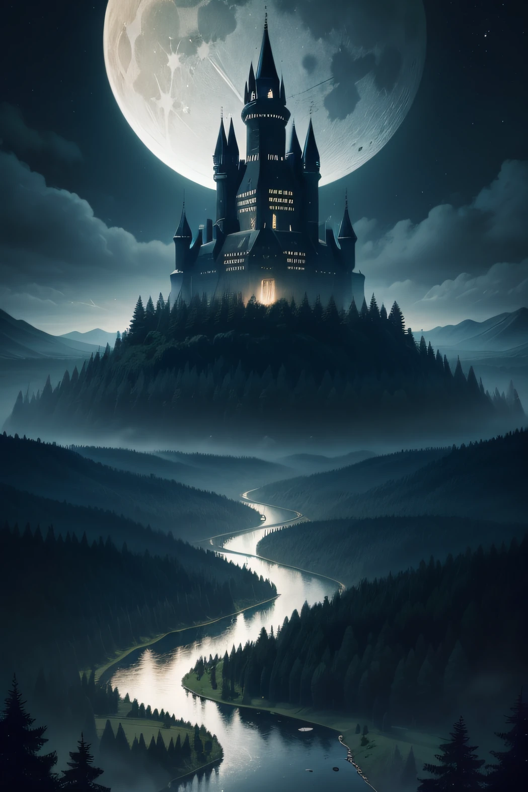 a wide isometric view of a large forest of super tall dark dead trees, in the middle a melancholy black stone castle with a moon above it, in the middle of the forest a long curved river, melancholy, night, realistic