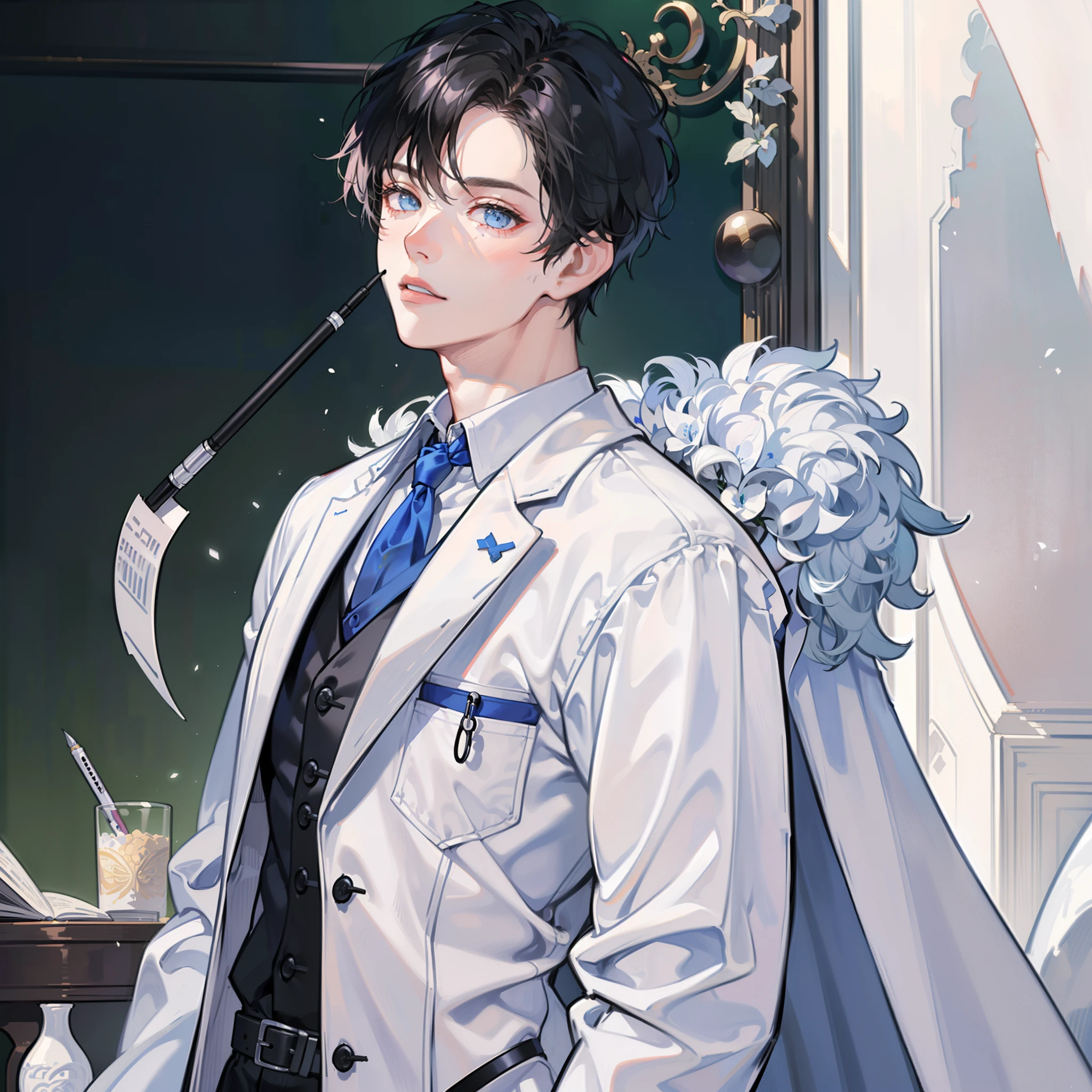 (8K, Best quality, tmasterpiece:1.2),\(eye detailed\),\(Facial features\),(\(Clothes detail details\)\),Upper Nordy,(Facial focus) ,Very detailed CG unity 8K wallpaper,hugefilesize,ultra - detailed,A high resolution,absurderes,beautidful eyes,Ray traching,dramatic shadow,finely detailled,Dramatic angles,Hyper-detailing,(1boys:1.3),(Solo),Mature male,Black hair,(buzz cut:1.1),Blue eyes,Wearing((in suit:1.2)+(White coat:1.3)),(/A stethoscope is slung around his neck:1.3/),(/Hold the ballpoint pen in your left hand:1.2/),Tall and strong muscular body,Unexposed muscles