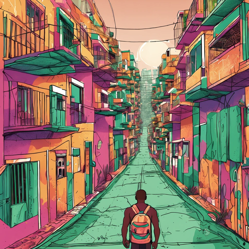 Desenvolver uma imagem com um individuo correndo em uma favela do Rio de Janeiro , com uma mochila verde nas costa, um fone de ouvido, bermuda e tenis. Desenvolver uma imagem,Integrate a visually striking obstacle that symbolizes the challenge to be overcome,Include elements that represent hope and perseverance, like a gentle sunrise beginning to illuminate the horizon.