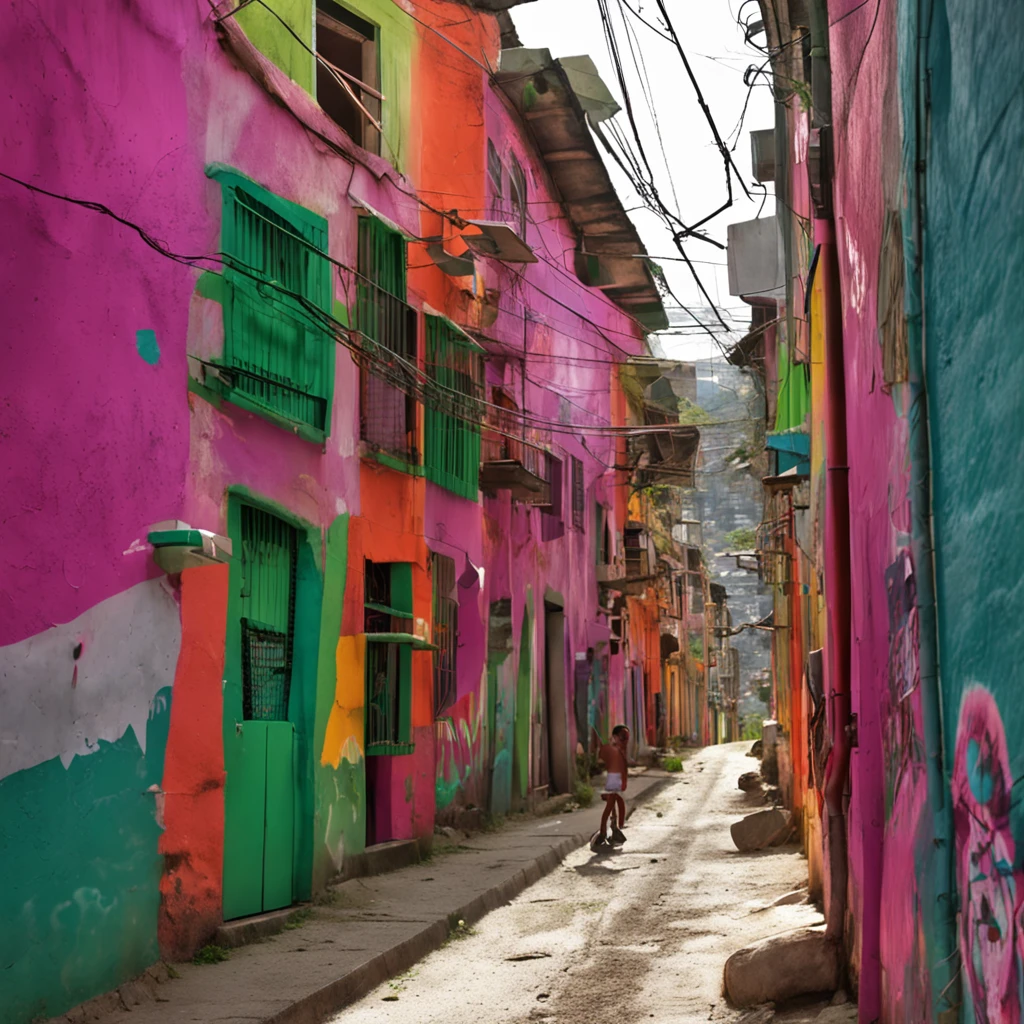 Desenvolver uma imagem com um individuo correndo em uma favela do Rio de Janeiro , com uma mochila verde nas costa, um fone de ouvido, bermuda e tenis. Desenvolver uma imagem,Integrate a visually striking obstacle that symbolizes the challenge to be overcome,Include elements that represent hope and perseverance, like a gentle sunrise beginning to illuminate the horizon.