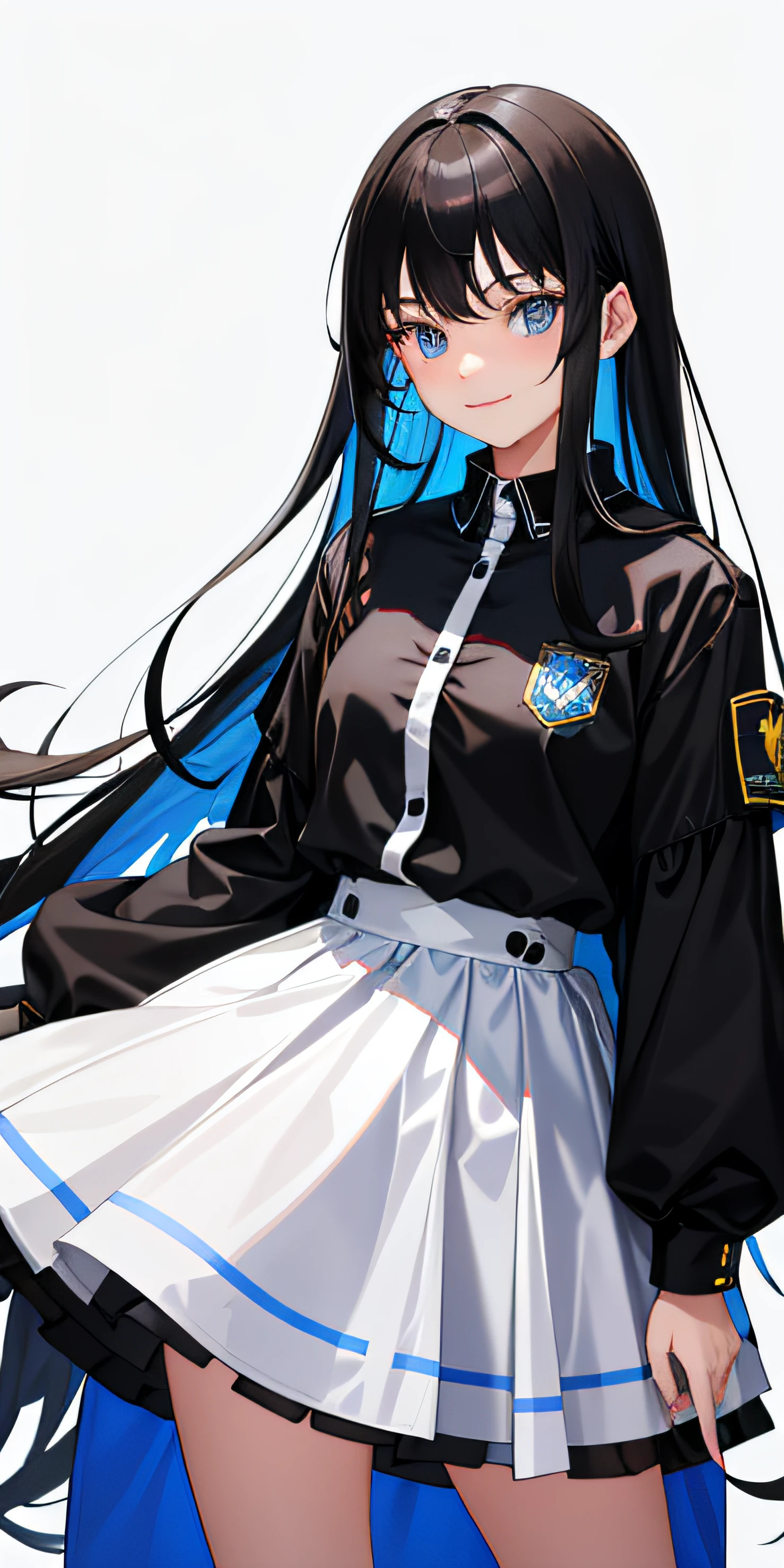 teens girl,15year old,Long black hair,Long hair is flush bangs,She has blue eyes,Smiled gently