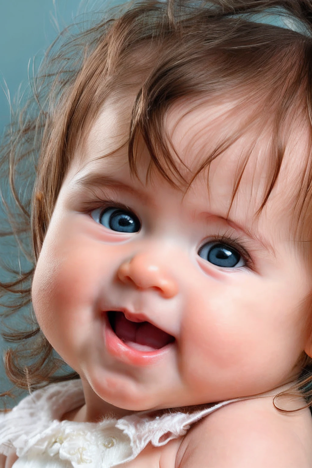Beautiful 6 month old baby girl, round face, round blue eyes, dark blonde hair, nose, lips, smiling --auto --s2