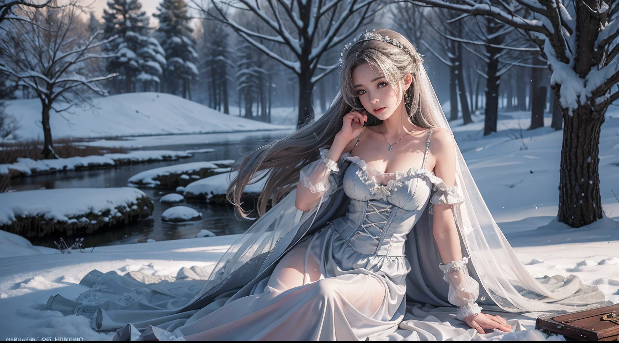 8K, best qualtiy, masterpiece, photograph realistic, Hide your face with happiness, medium breasts, silver Lolita costume, silver Lace, Aerith Gainsborough, whole body, undergarments, exposed bare shoulders, do lado de fora, outside, Covered with snow, cloaks, high high quality, Adobe Lightroom, highdetailskin, looking at viewert,