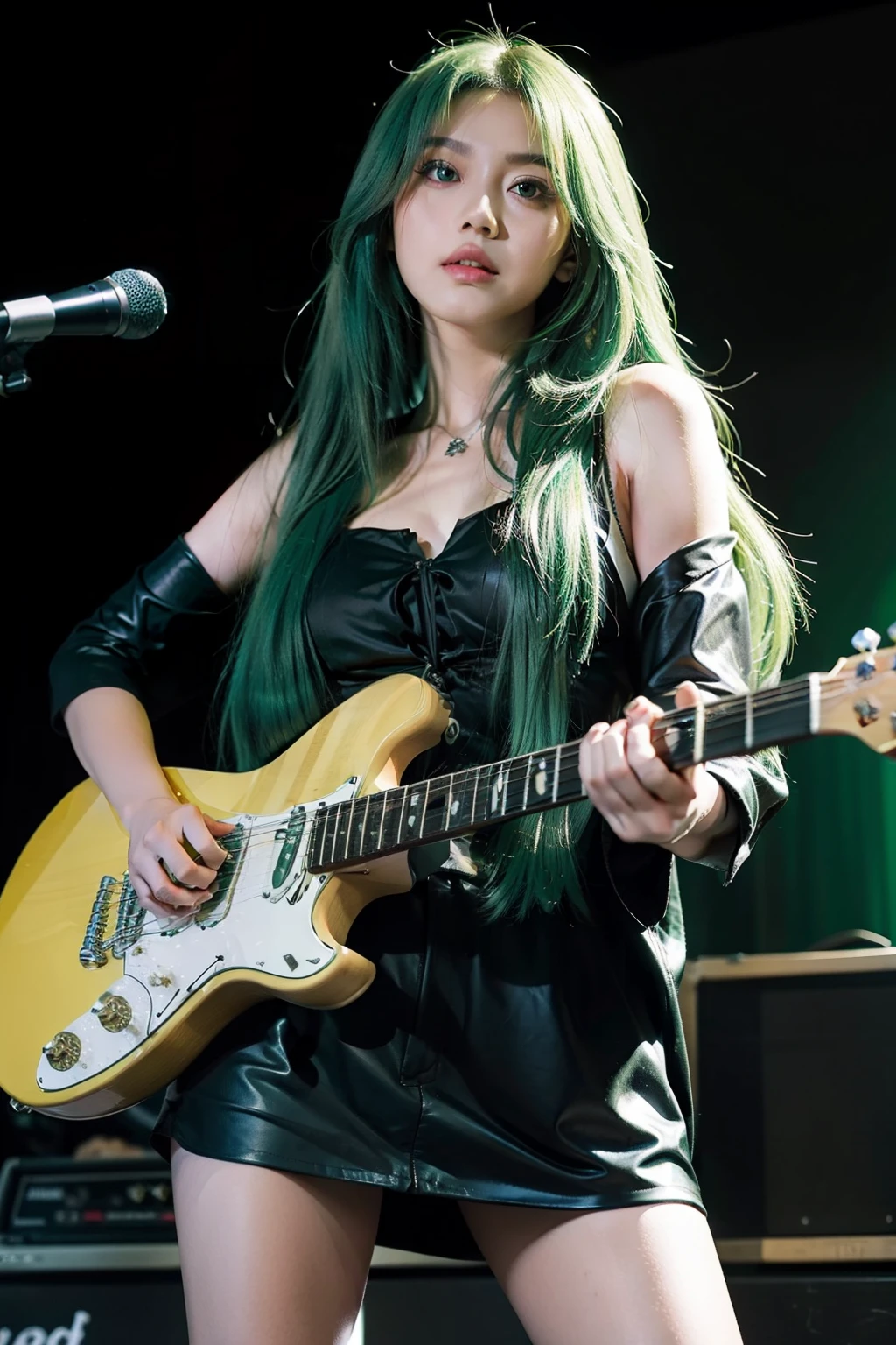 Longhaired Beauty，electric guitar，Green hair，爆乳，Big eyes，long leges
