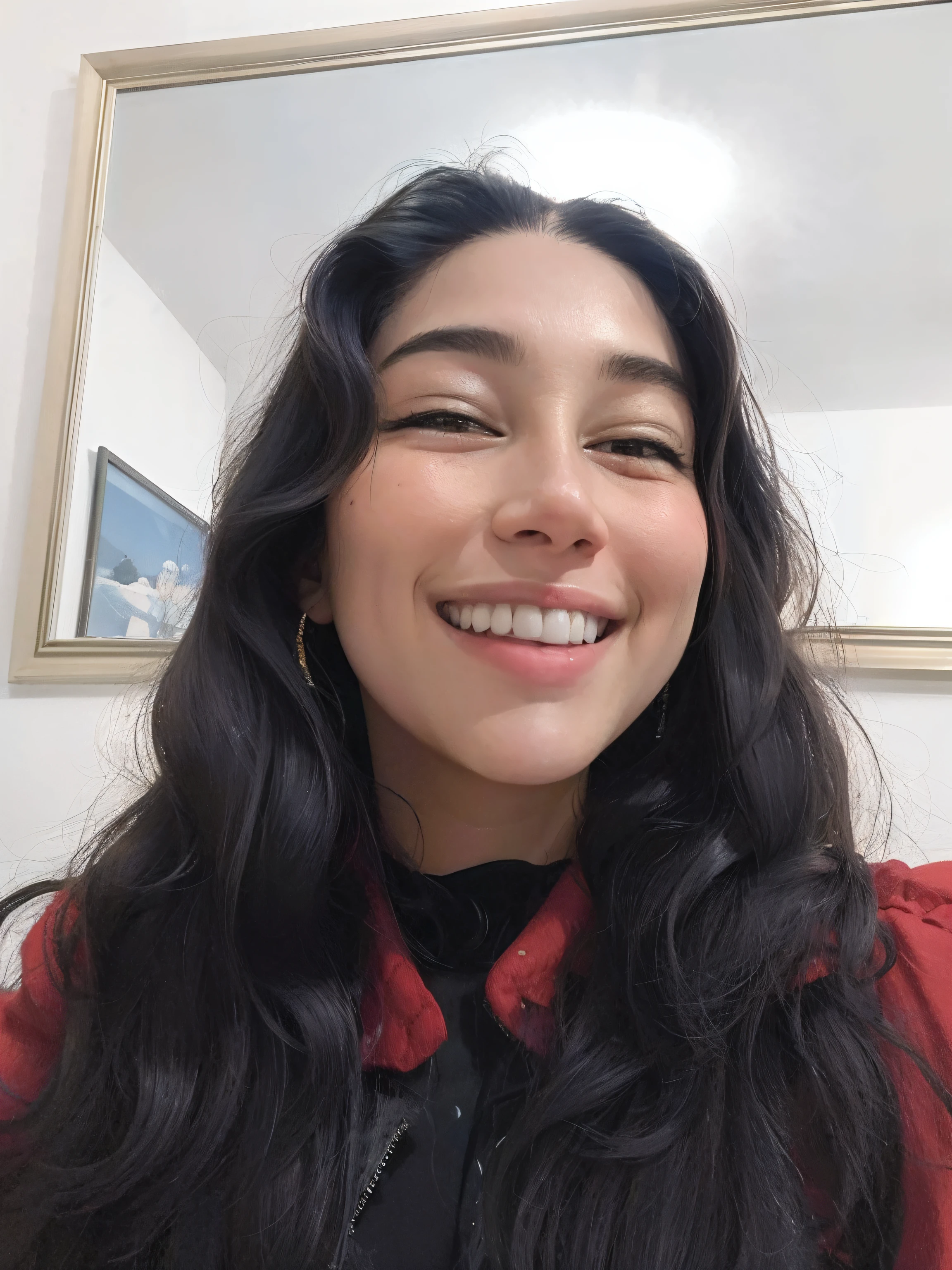 mulher sorridente com longos cabelos pretos e camisa vermelha em frente a um espelho, selfie de uma jovem mulher, imagem frontal, sorrindo e olhando diretamente, she is smiling and happy, She is grinning, Alanis Guillen, happily smiling at the camera, bonito e sorridente, smiling at camera, feliz e sorridente, Fotografia selfie 8k, she is smiling and excited