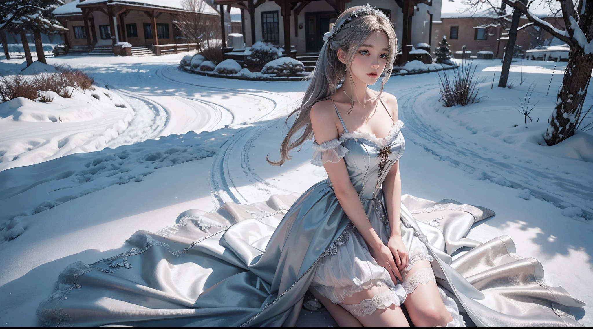 8K, best qualtiy, masterpiece, photograph realistic, Hide your face with happiness, medium breasts, silver Lolita costume, silver Lace, Aerith Gainsborough, whole body, undergarments, exposed bare shoulders, do lado de fora, outside, Covered with snow, cloaks, high high quality, Adobe Lightroom, highdetailskin, looking at viewert,