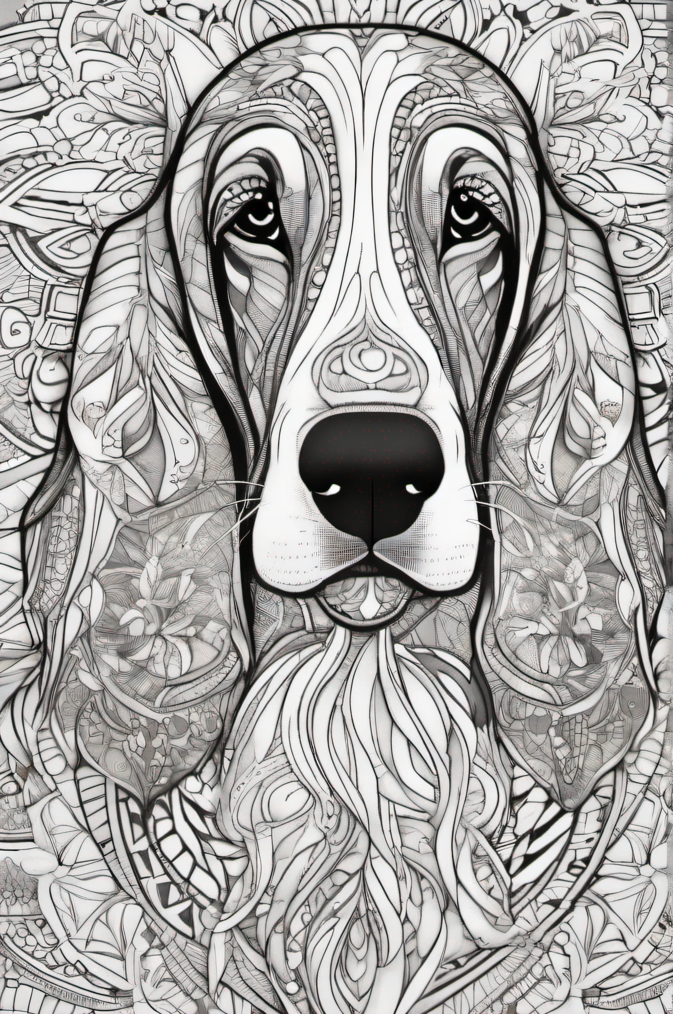 Basset Hound for a coloring, linhas em negrito, linhas escuras, estilo mandala, simetrico, fundo branco, Arte de linha limpa, arte de linha fina, preto e branco, colorir