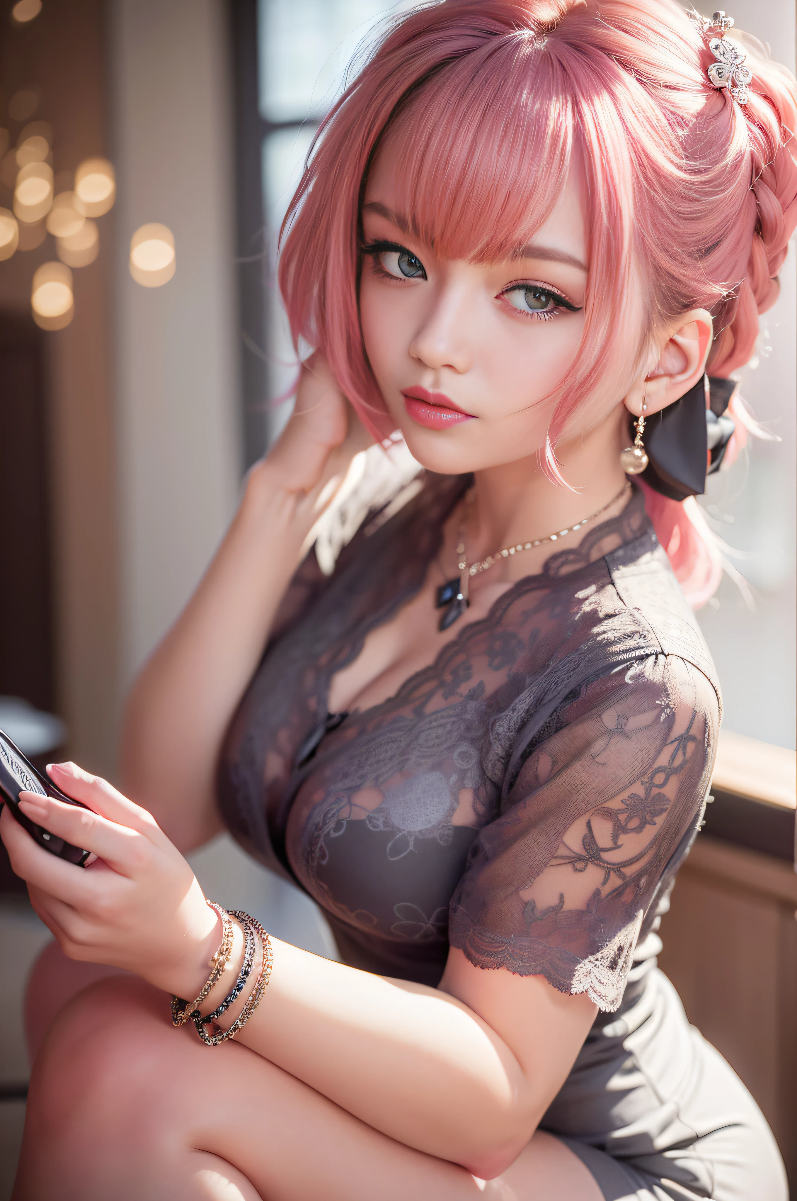 hightquality, an elegant woman、Soio、One photo、qipao dress、a miniskirt、Seductive face、upscale restaurant、Colossal tits、pantyhose、high-heels、sexypose、Stick your ass out、A bracelet、Best Quality, masutepiece, hight resolution、Hair Ornament,Necklace, Jewelry,Beautiful face, Tindall Effect,two tone lighting,(High detailed skin:1.2), 8K UHD, Digital SLR, Soft lighting, High resolution, 4K, 8K,Pink hair,