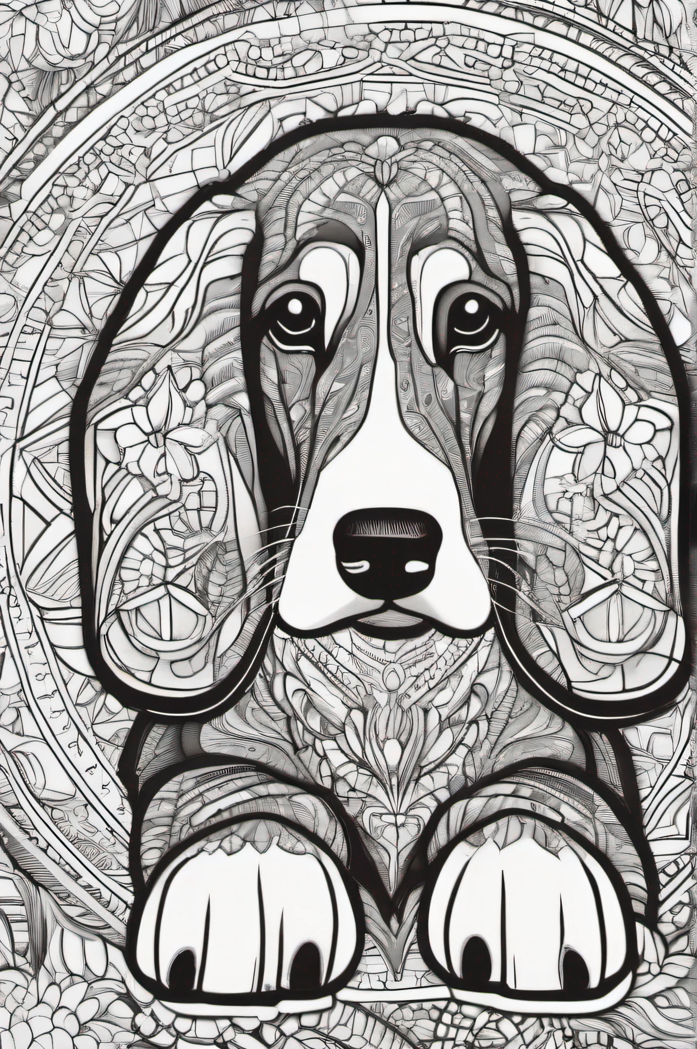 Basset Hound for a coloring, linhas em negrito, linhas escuras, estilo mandala, simetrico, fundo branco, Arte de linha limpa, arte de linha fina, preto e branco, colorir