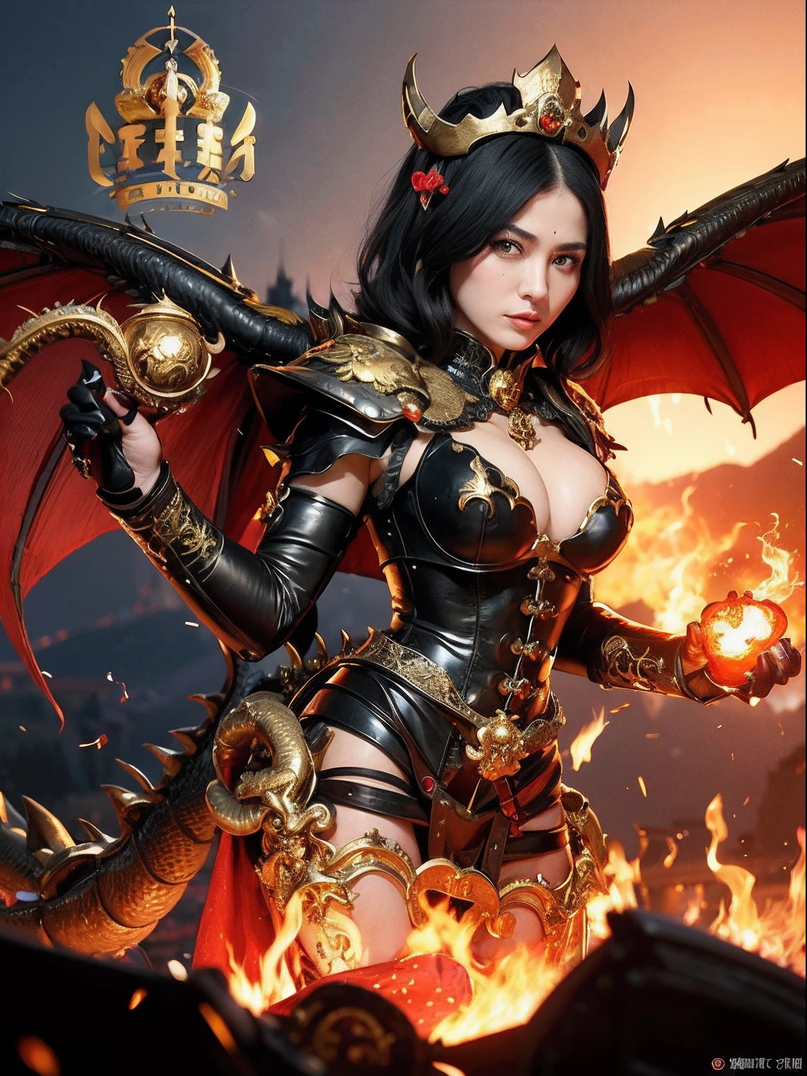 Professional , ​masterpiece、top-quality、photos realistic , depth of fields （Gemstone Black Metal Body:1.９),(Enamel Black、（cleavage of the breast）、（Chinese Dragon）、Dragon Gold Weapon（Dragon Metal Body:1.４),Gorgeous gold weapons ,（（ Dragon's dense and gorgeous sword）） ,  、blood splashing、  ,warhammer 40k , adepta sororitas,Detail and gorgeous crown、（（Brown hair））、（The dragon）、（Castle background）、The dragon、（（Gangle's forest background））、Beautiful Caucasian beauty、（１a person）、dynamic ungle,(((Detailed and ornate Black Devil Crown)))、Smaller head、A smile、Castle background、Thin and beautiful female hands、cleavage of the breast、Mystical expression、Light Effects、Wind-effect、magic circles、With the legendary magic wand、（demonic wings）、Toostock、