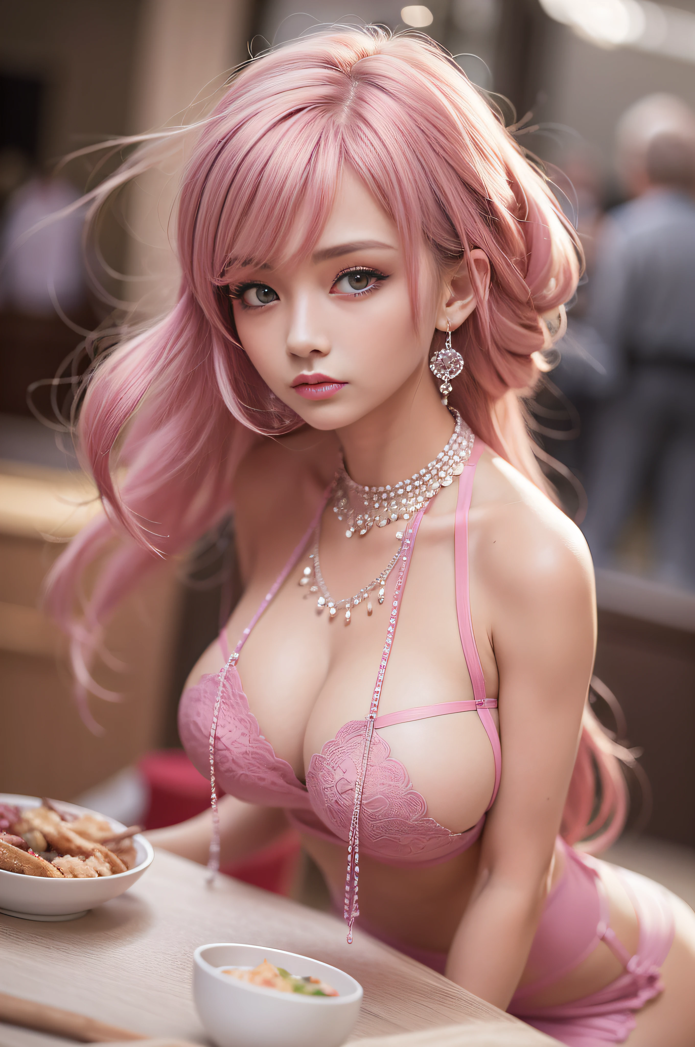 hightquality, an elegant woman、Soio、One photo、qipao dress、a miniskirt、Seductive face、upscale restaurant、Colossal tits、pantyhose、high-heels、sexypose、Stick your ass out、A bracelet、Best Quality, masutepiece, hight resolution、Hair Ornament,Necklace, Jewelry,Beautiful face, Tindall Effect,two tone lighting,(High detailed skin:1.2), 8K UHD, Digital SLR, Soft lighting, High resolution, 4K, 8K,Pink hair,