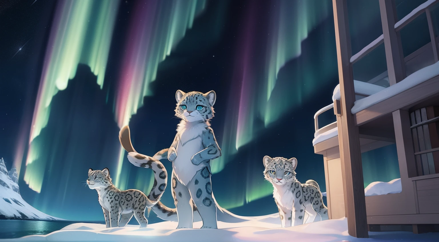 Furry mascot,Furry Fur,Standing furry fur,Furry snow leopard,Standing snow leopard,Lovely image,snow leopard,Cute furry,Large research vessels,Snow leopard on ice,Beautiful aurora,Look at the aurora, Long, Fluffy tail,In the Arctic,The ship is brightly lit,Cubs,is in night,nigh sky, Winters,stars,Close-up of cute characters