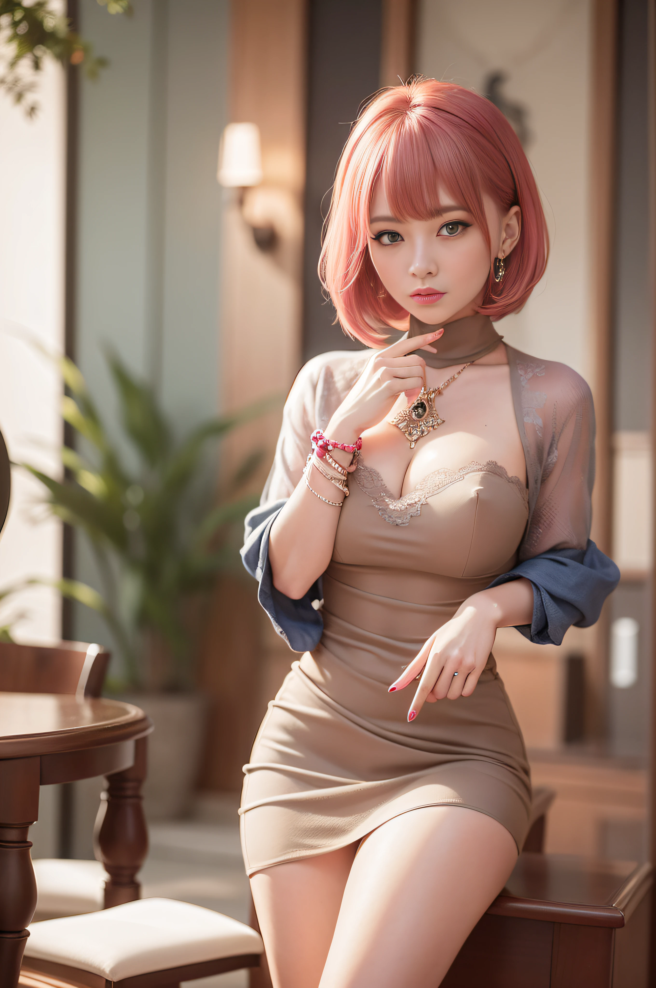long slender legs、hightquality, an elegant woman、Soio、One photo、qipao dress、a miniskirt、Seductive face、upscale restaurant、Colossal tits、pantyhose、high-heels、sexypose、Stick your ass out、A bracelet、Best Quality, masutepiece, hight resolution、Hair Ornament,Necklace, Jewelry,Beautiful face, Tindall Effect,two tone lighting,(High detailed skin:1.2), 8K UHD, Digital SLR, Soft lighting, High resolution, 4K, 8K,Pink hair,
