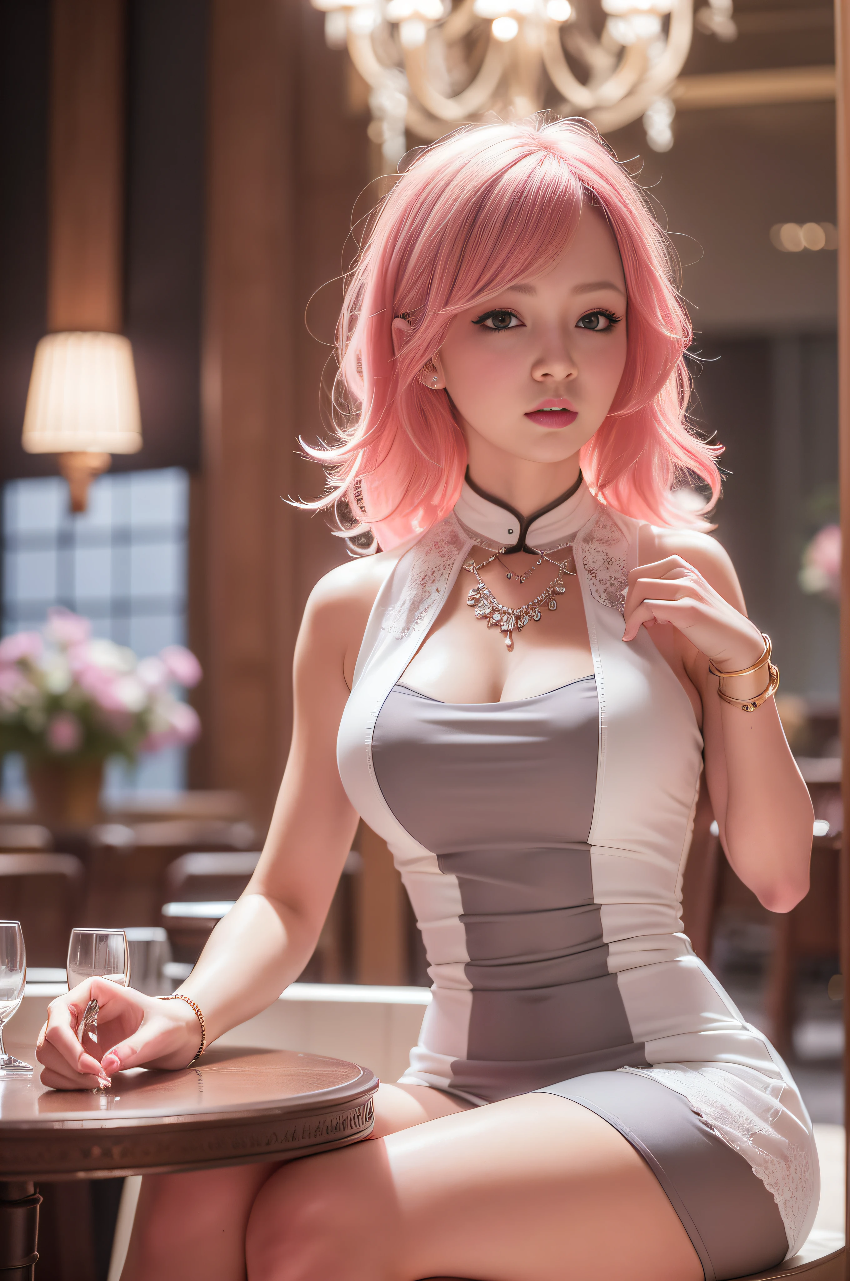 hightquality, an elegant woman、Soio、One photo、qipao dress、a miniskirt、Seductive face、upscale restaurant、Colossal tits、pantyhose、high-heels、sexypose、Stick your ass out、A bracelet、Best Quality, masutepiece, hight resolution、Hair Ornament,Necklace, Jewelry,Beautiful face, Tindall Effect,two tone lighting,(High detailed skin:1.2), 8K UHD, Digital SLR, Soft lighting, High resolution, 4K, 8K,Pink hair,