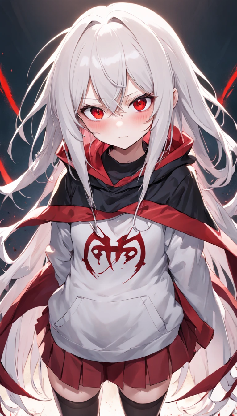 Two-dimensional comic book style，White hair, red color eyes，Loli is full of feelings, full bodyesbian，Empty eyes ，With a smile on his face，white stockings，Wearing a black sweatshirt，Bloody scissors in hand，With a hood，retinas，A high resolution，Exudes an eerie aura，Gloomy breath