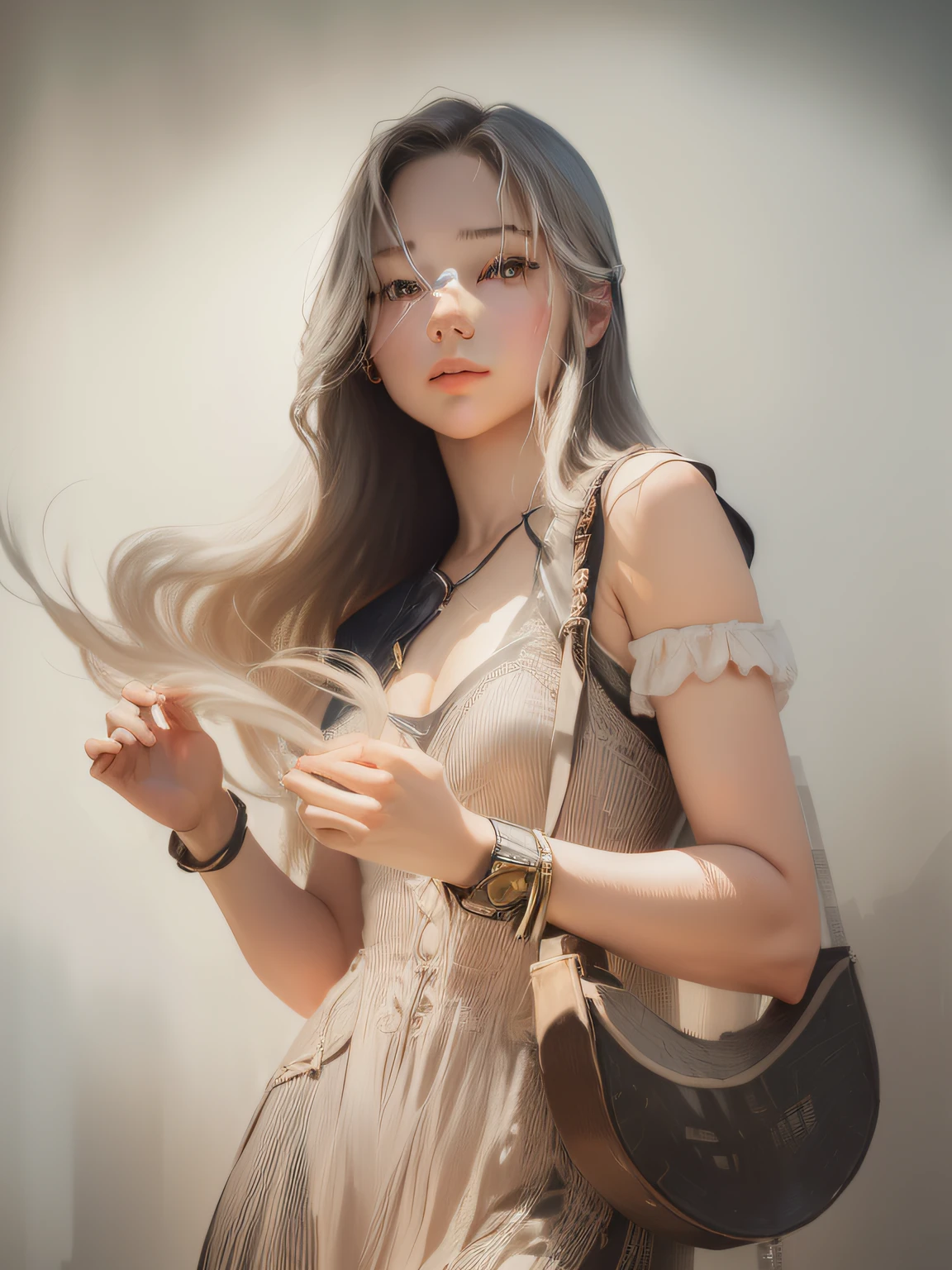 (front focus),(in the dark:1.6), Hyperrealist portrait of female by david hockney and alphonse mucha,fantasy art, photo realistic, dynamic lighting, artstation, poster, volumetric lighting, very detailed faces, 4 k, award winning,, 1girl, in the dark, deep shadow, low key,cowboy shot,(official clothing:1.4) ,long hair,white hair,