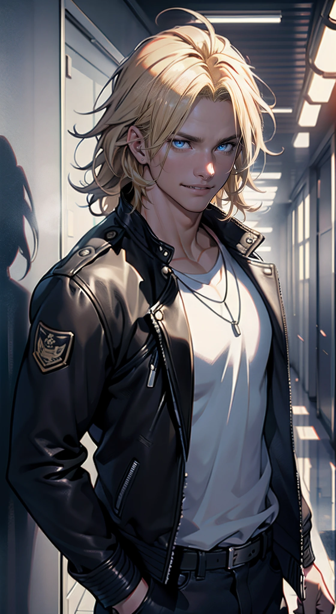 (tmasterpiece, high resolution, ultra - detailed:1.0), (1 boy, Young male), Eyes looking at the camera, Perfect male body, Delicate eyes and delicate face, Extremely detailed CG, 8K wallpaper, Complicated details, solo person, (School clothes, Leather jacket, Evil smile, blond hairbl, Messy hair, ), School background, Smoking, Stand in the hallway, color difference, Depth of field, dramatic shadow, Ray tracing, Best quality, Cinematic lighting, offcial art, Portrait